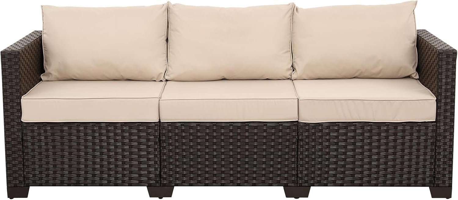 WAROOM Patio Couch PE Rattan 3-Seat Outdoor Sofa Brown Wicker Furniture Set Deep Seating with Anti-Slip Beige Cushion