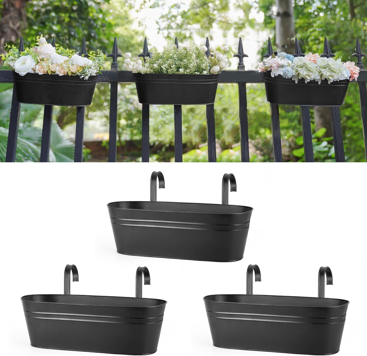 Dahey 15 Inches Railing Planter Box 3 Pcs Metal Hanging Flower Pots, Black | 2.7″ Width Detachable Hooks, Outdoor Planter, Fits Balcony Window Yard Garden Decor for Plant, Drainage Holes, Countryside
