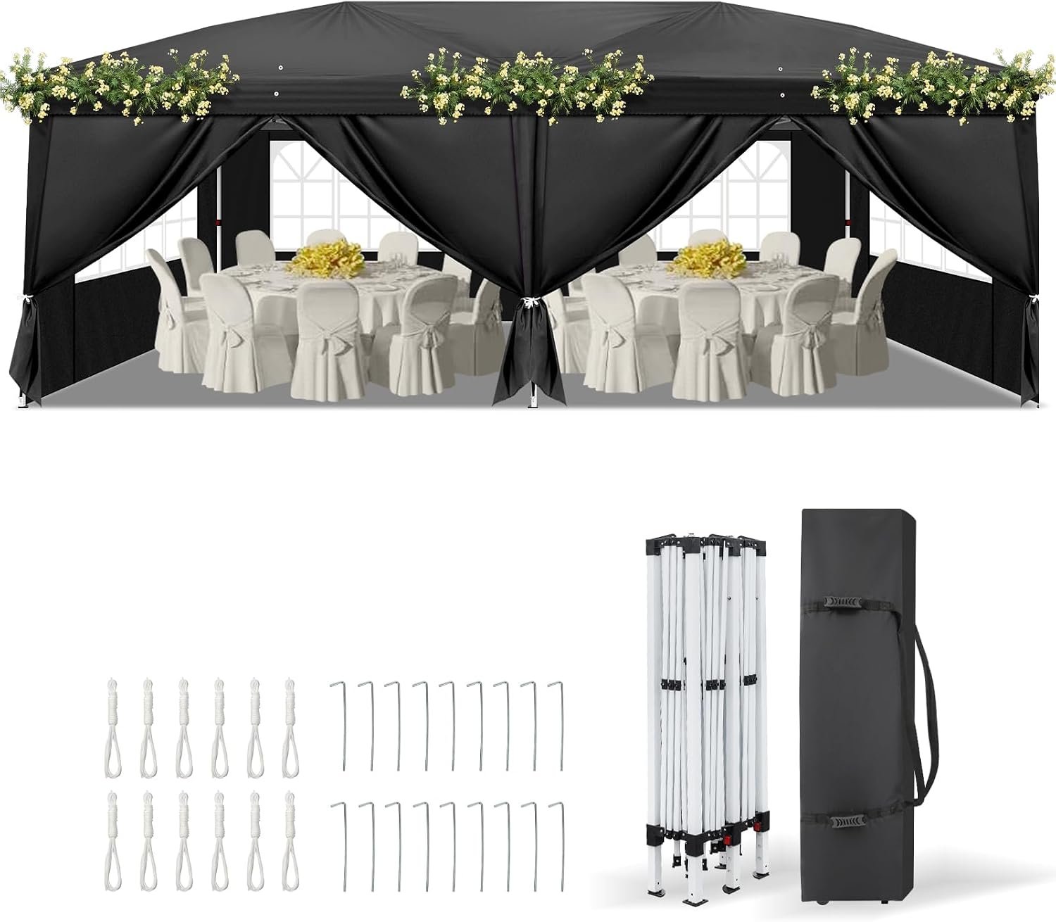 VINGLI 10×20 ft Pop Up Canopy Tent with 6 Sidewalls with Carry Bag, Outdoor Canopy Patio Event Tent Commercial Canopy(Black)