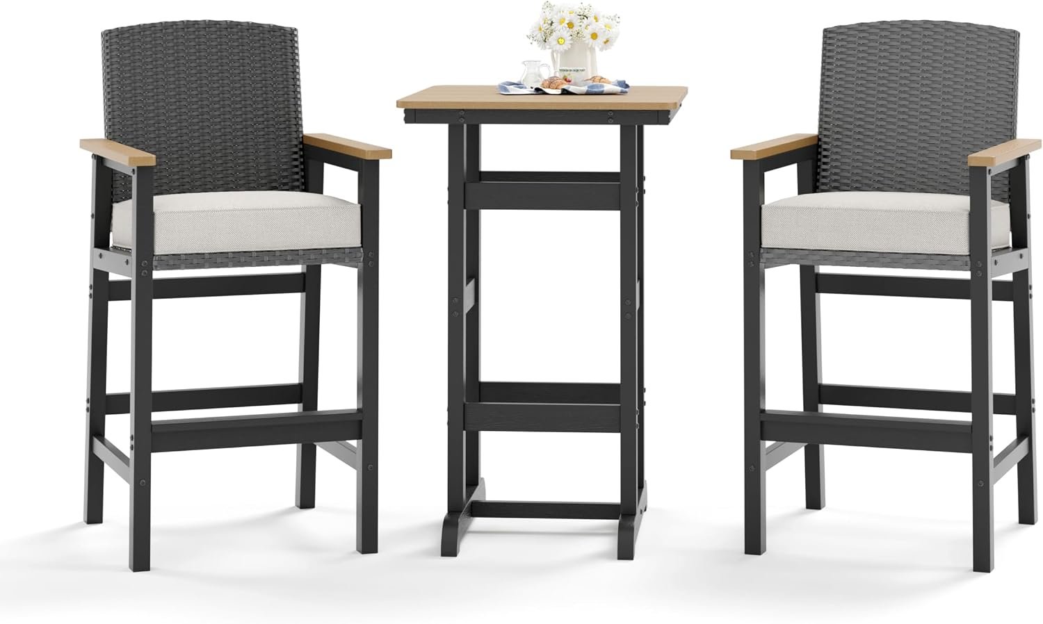 HERA’S HOUSE HDPE Outdoor Bar Set of 3, 2 Bar Stools with Wicker Backrest and Comfy Thick Cushion, 42” All Weather Outdoor Bar Table with Cut-Out Legs, Patio Bar Table and Chairs Set