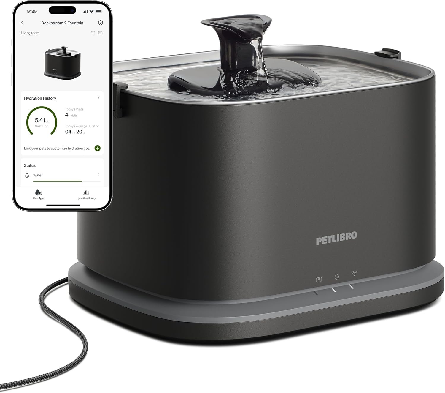 PETLIBRO Upgrade Cat Water Fountain Stainless Steel Tray, Dockstream 2 Cat Fountain Indoor, 3L/101oz Auto Cat Fountains for Drinking, App Monitoring Pet Water Fountain Dog, 5G WiFi Cat Water Dispenser