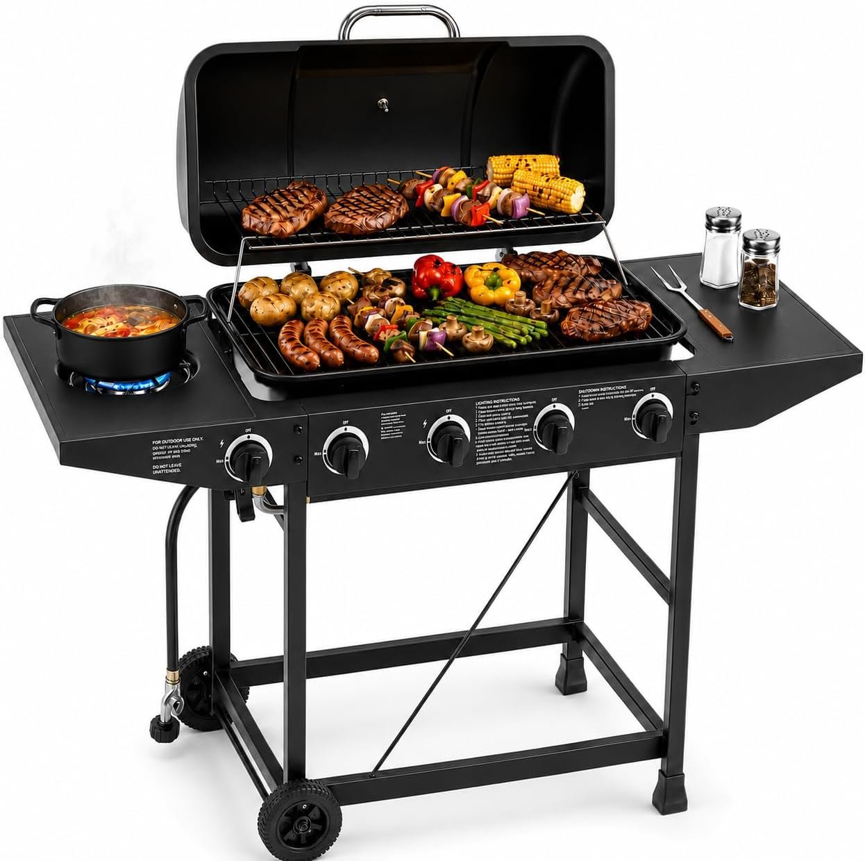 4-Burner Outdoor Propane Gas Grill with Side Burner, 42,000 BTU, Porcelain-Enameled Grates, 534 Sq. In. Cooking Area, Piezo Ignition and Wheels