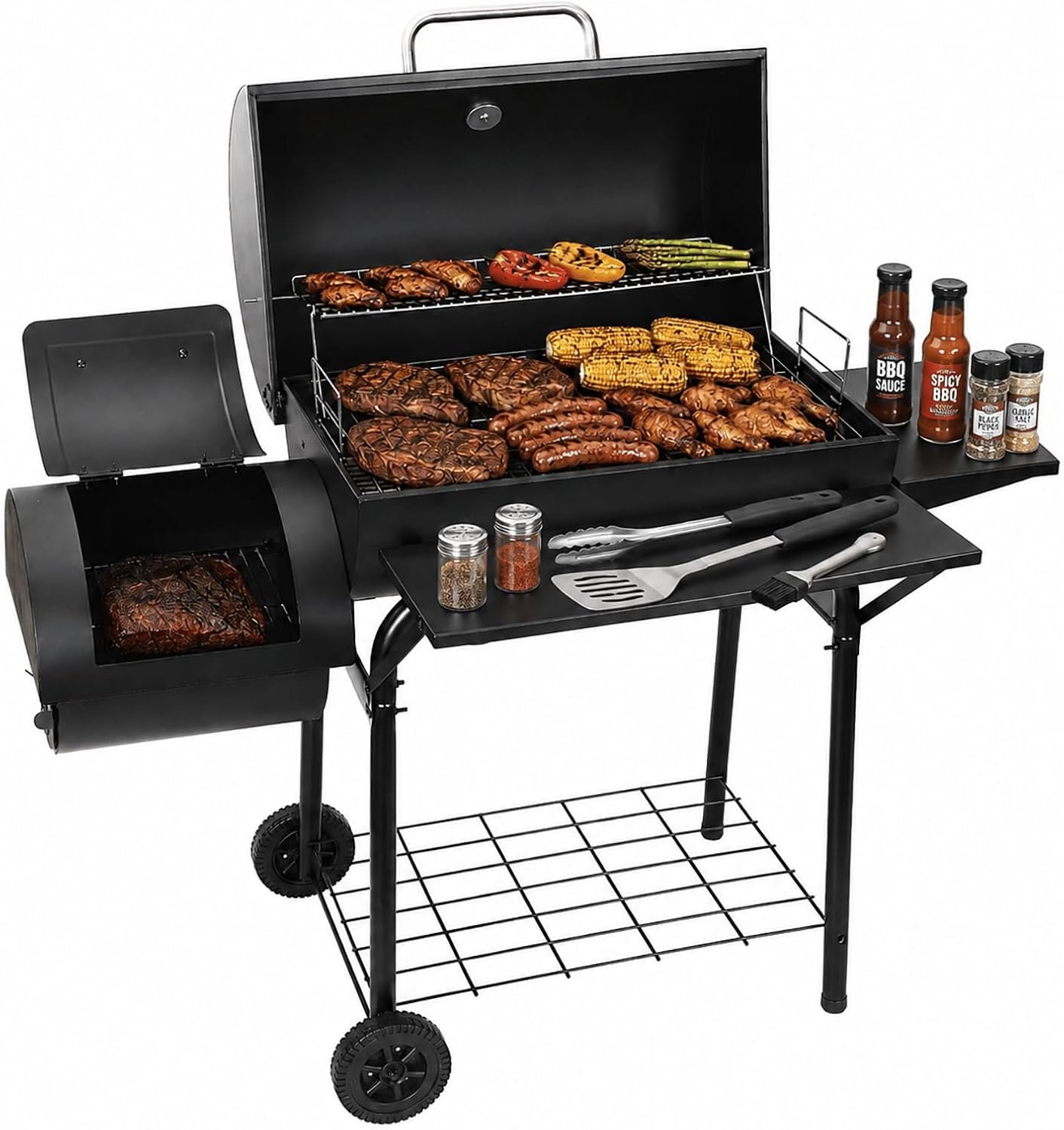 Realcook Charcoal Grill with Offset Smoker: Spacious Barrel Charcoal Grills with 800 Sq. In. Cooking Space – BBQ Offset Smoker Combo for Backyard Parties Weekend Barbecues Gatherings