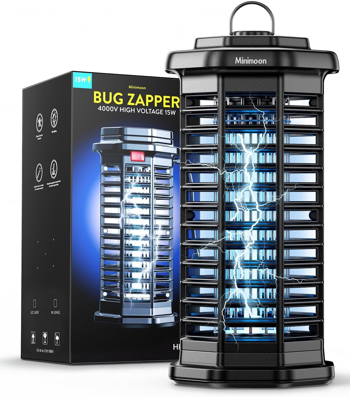 Minimoon Bug Zapper Outdoor 4000V Powerful Electric Mosquito Zapper, 15w Fly Trap Outdoor, IPX4, Corded Fly Zapper for Indoor, Yard, Backyard, Patio, Camping (Black)