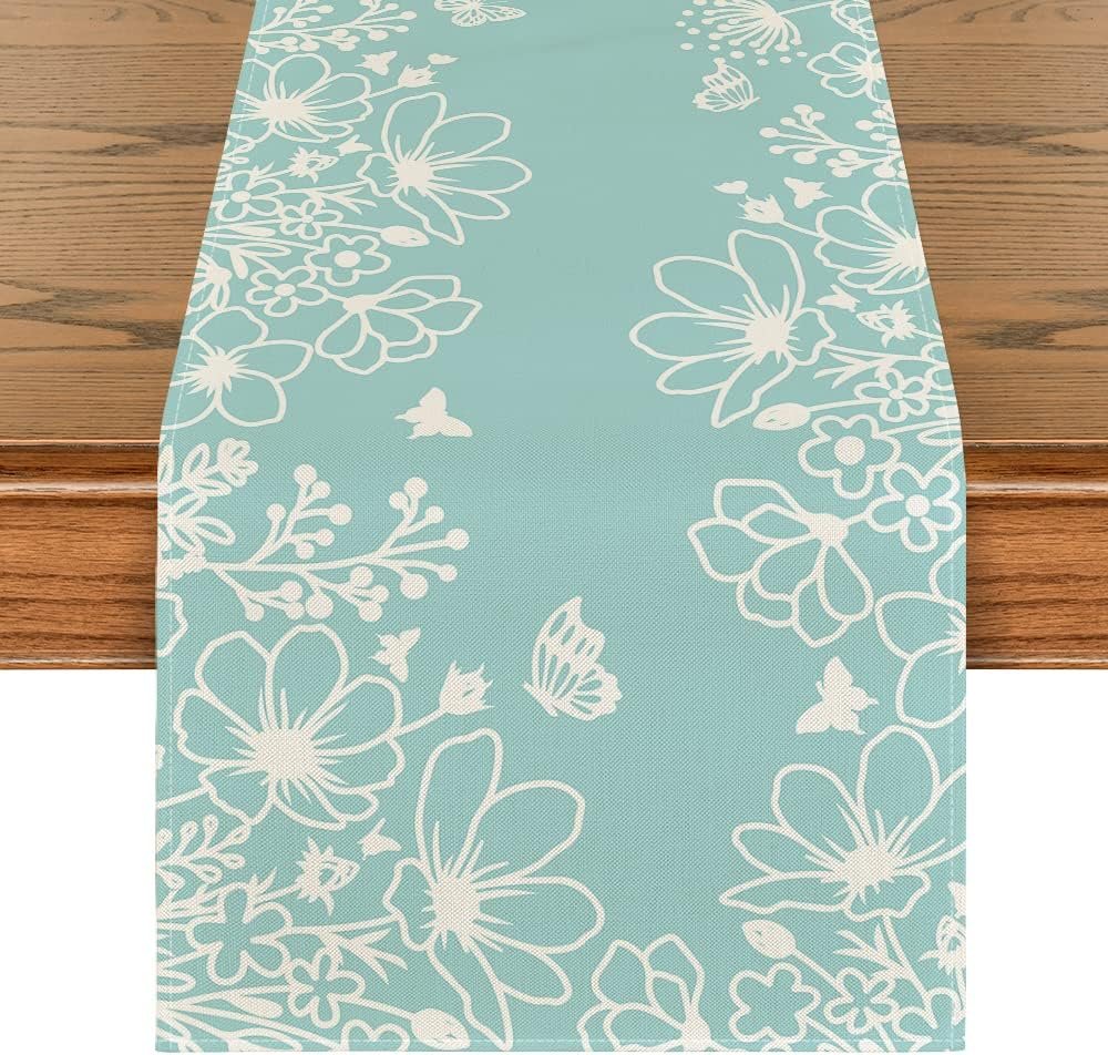 Artoid Mode Blue Bloom Flowers Butterfly Spring Table Runner, Seasonal Holiday Kitchen Dining Table Decoration for Home Party Indoor 13×72 Inch