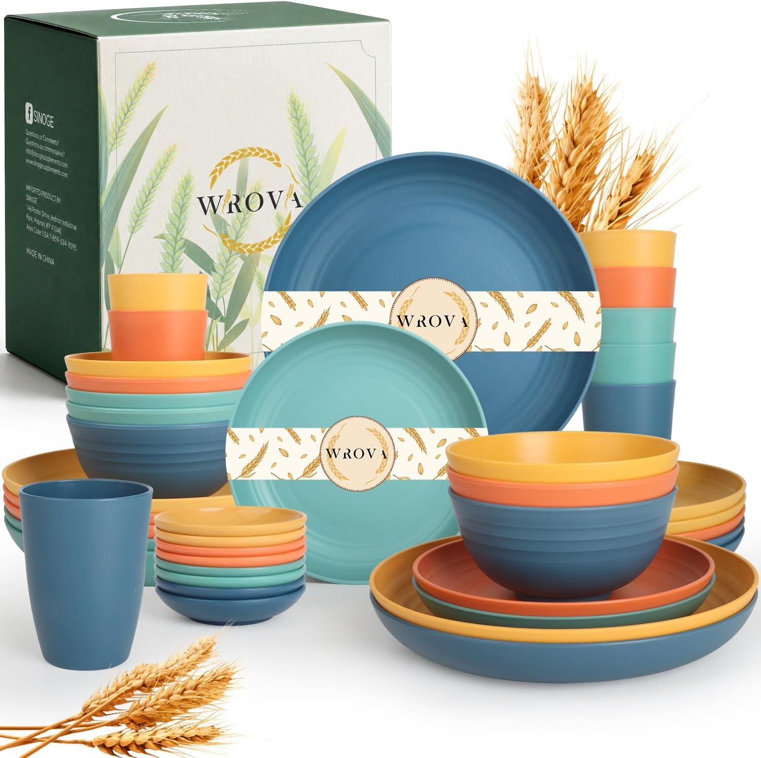 Wrova Plates and Bowls Sets 40-Piece, Unbreakable Wheat Straw Dinnerware Sets for 8, Lightweight Dishware Sets Microwave Safe- Deep Plates/Cereal Bowls/Cups Set/Soy Sauce Dish for Kitchen,RV- Colorful