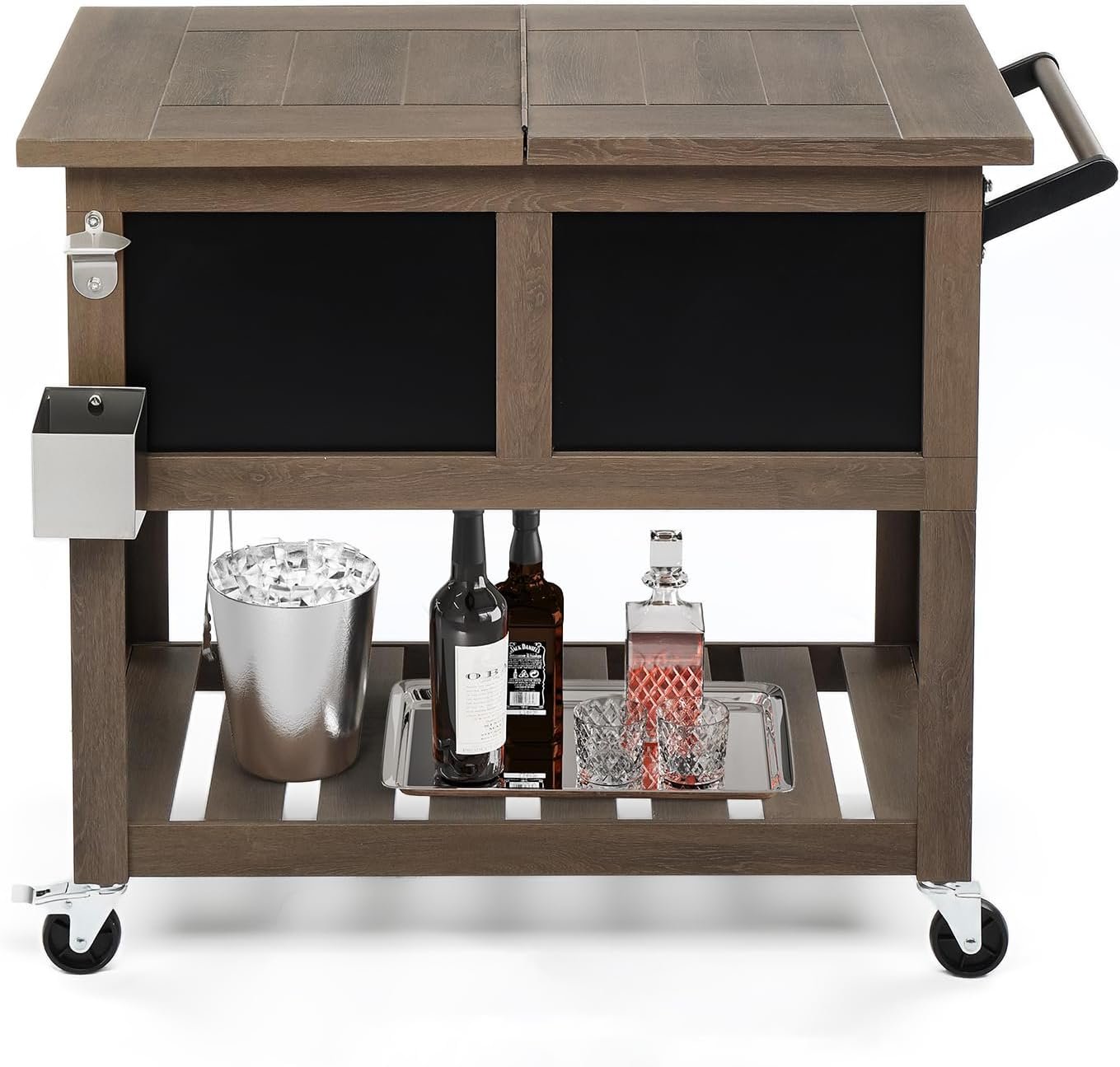 VINGLI Patio Cooler，80 QT Rolling Patio Cooler with Bottle Opener and Shelf，Standing Ice Chest with Blackboard for Gathering and Vending, Taupe Brown