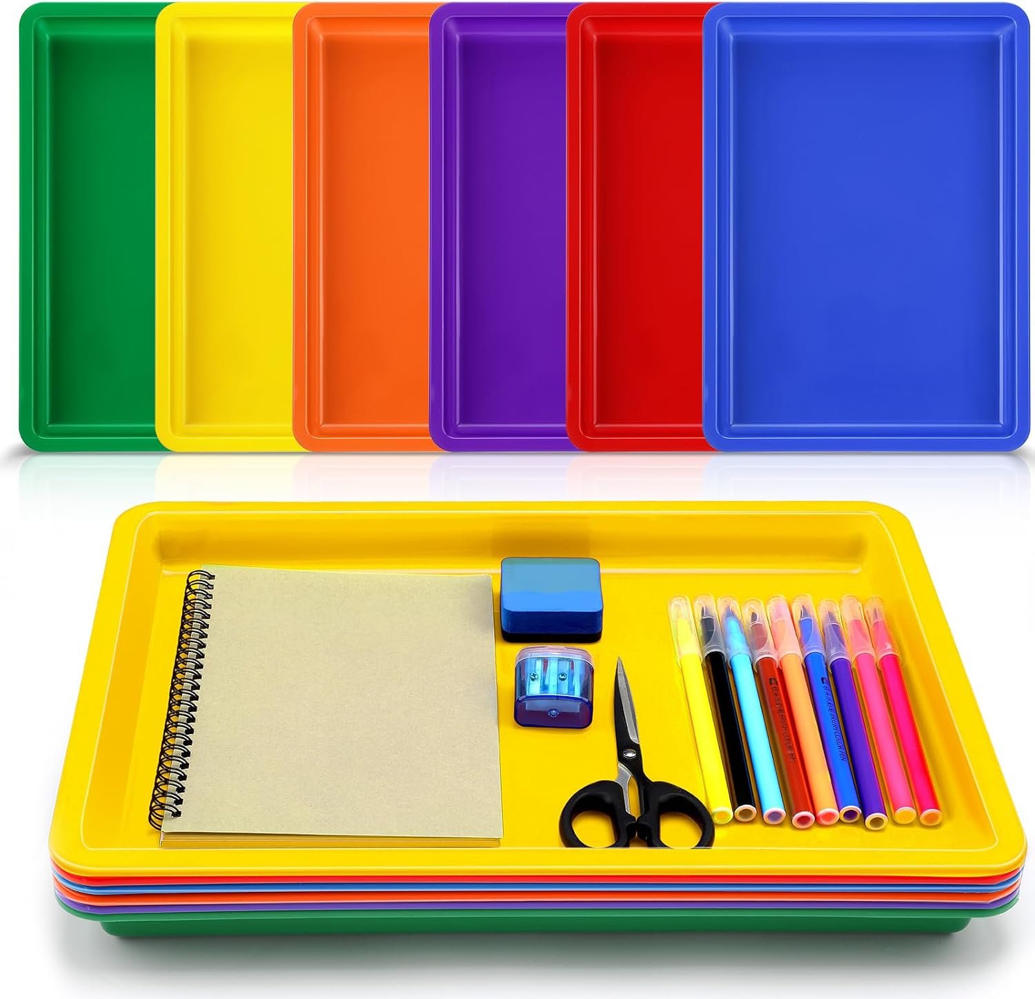Mifoci 6 Pack Large Plastic Art Trays for Classroom 16x12x1 Inch Stackable Activity Tray for Kids Craft Painting Sensory Play Organizer School Work Art Project Jewelry Sorting Supply, 6 Rainbow Color