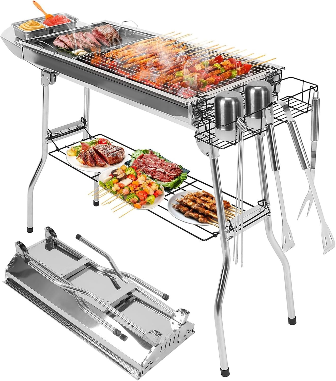 Portable Charcoal Grill, Folding Barbecue Grill with Storage Shelf, | 39″ x 13.4″x 27.6″ Stainless Steel BBQ Smoker Barbecue Tool Kits for Outdoor Cooking Camping Hiking Picnics Backpacking
