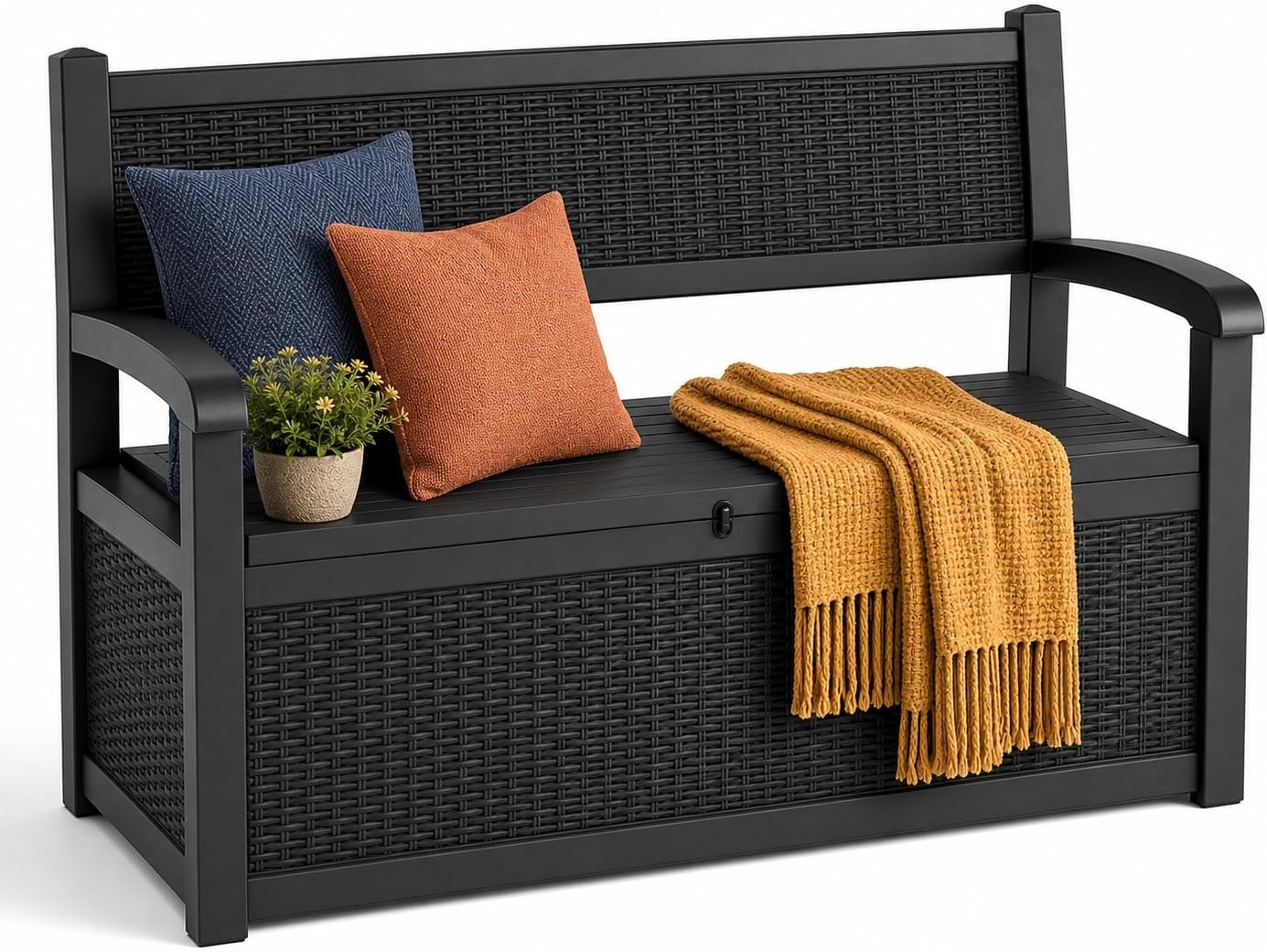 80 Gallon Outdoor Storage Bench Waterproof Resin Lockable UV Resistant Deck Box Benches Furniture Outside Porch Patio Pool Garden Tool Cushion Black