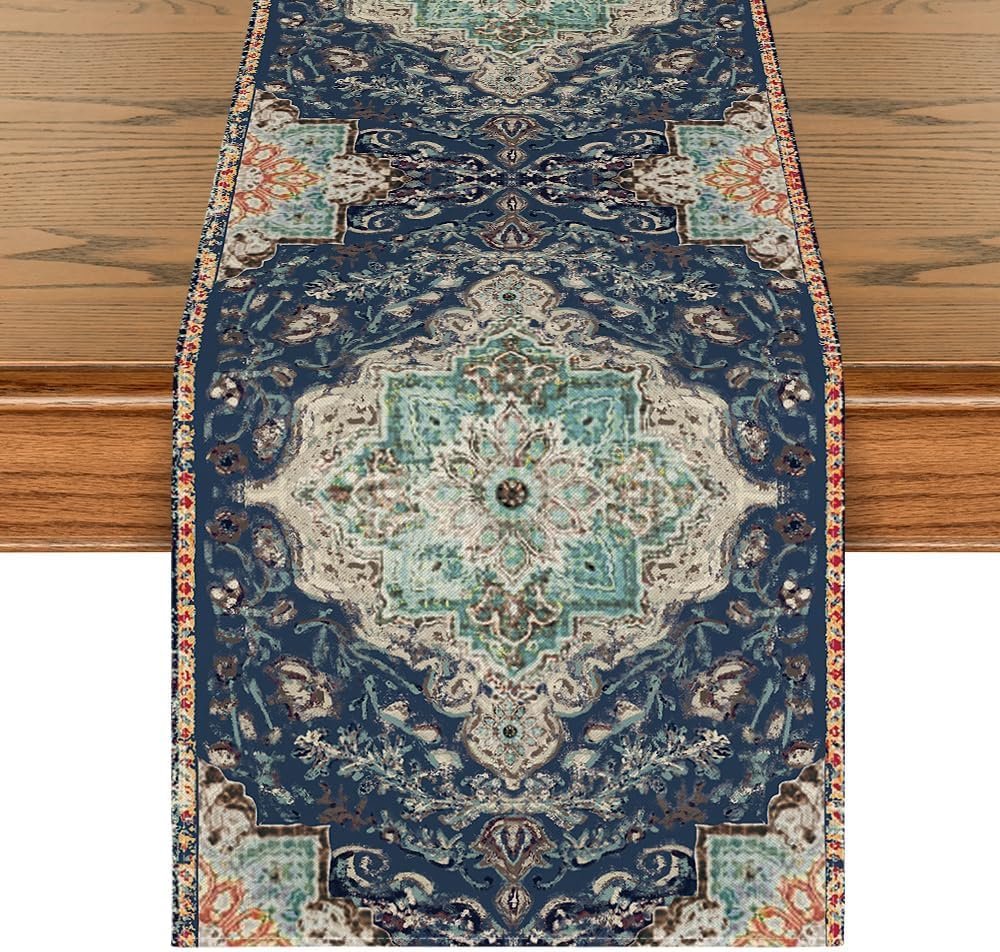 Artoid Mode Boho Bohemia Style Blue Table Runner, Country Rustic Farmhouse Magical Winter Kitchen Dining Table Decoration for Home Party Decor 13×72 Inch
