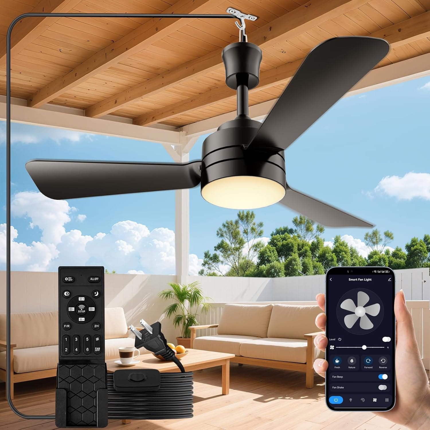 PBLALA 28″ Gazebo Fan with Light,Plug in Ceiling Fan Light,Outdoor Ceiling Fan with Light,Hanging Fan with Hook,35W 3000-6500k,Remote/APP Control,Portable Fan Light for Patios,Porch