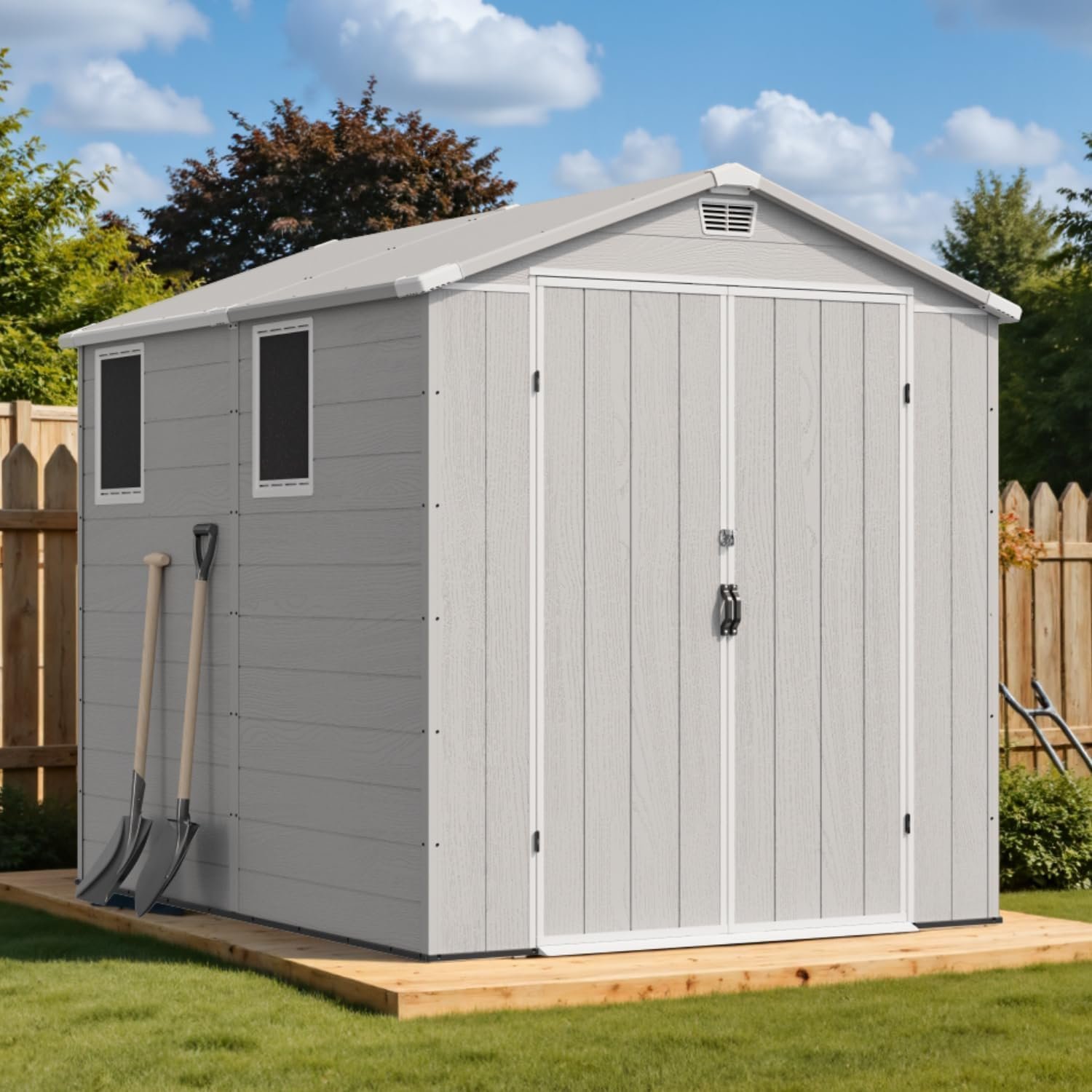 Devoko 6×8 FT Plastic Storage Shed with Floor, Outdoor Resin Garden Shed with Window, Waterproof Tool Storage Shed with Lockable Door for Backyard, Patio, Lawn, Light Gray