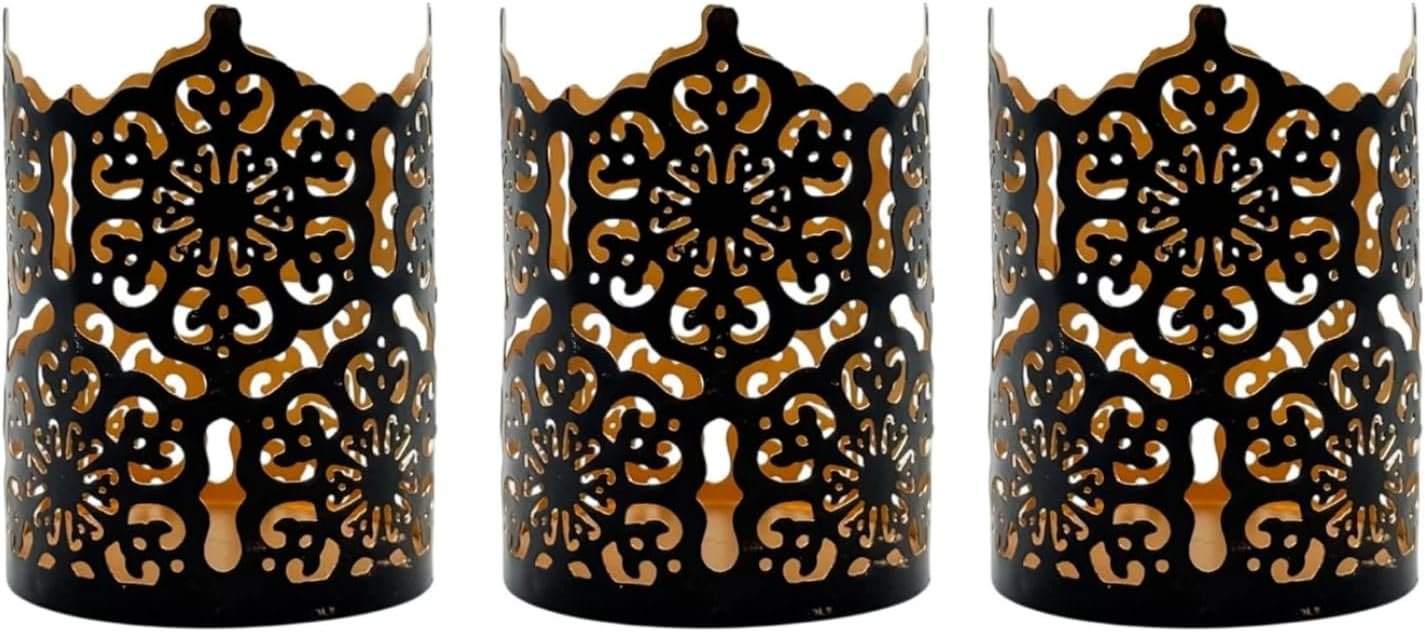 Hosley Set of 3 Black Metal Candle Holders 4 Inch High – Lattice Cut Lanterns for Table Centerpiece, Wedding, Home Decor, Indoor Outdoor