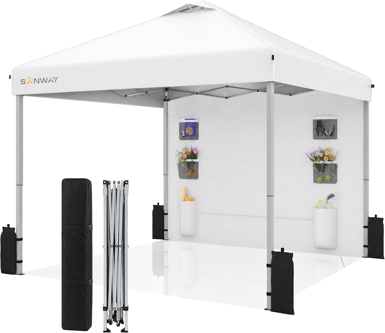 SANWAY 10×10 Pop Up Canopy with Sidewalls, Heavy Duty Instant Canopy Tent for Parties, Events, Camping, One Person Setup – Silver White