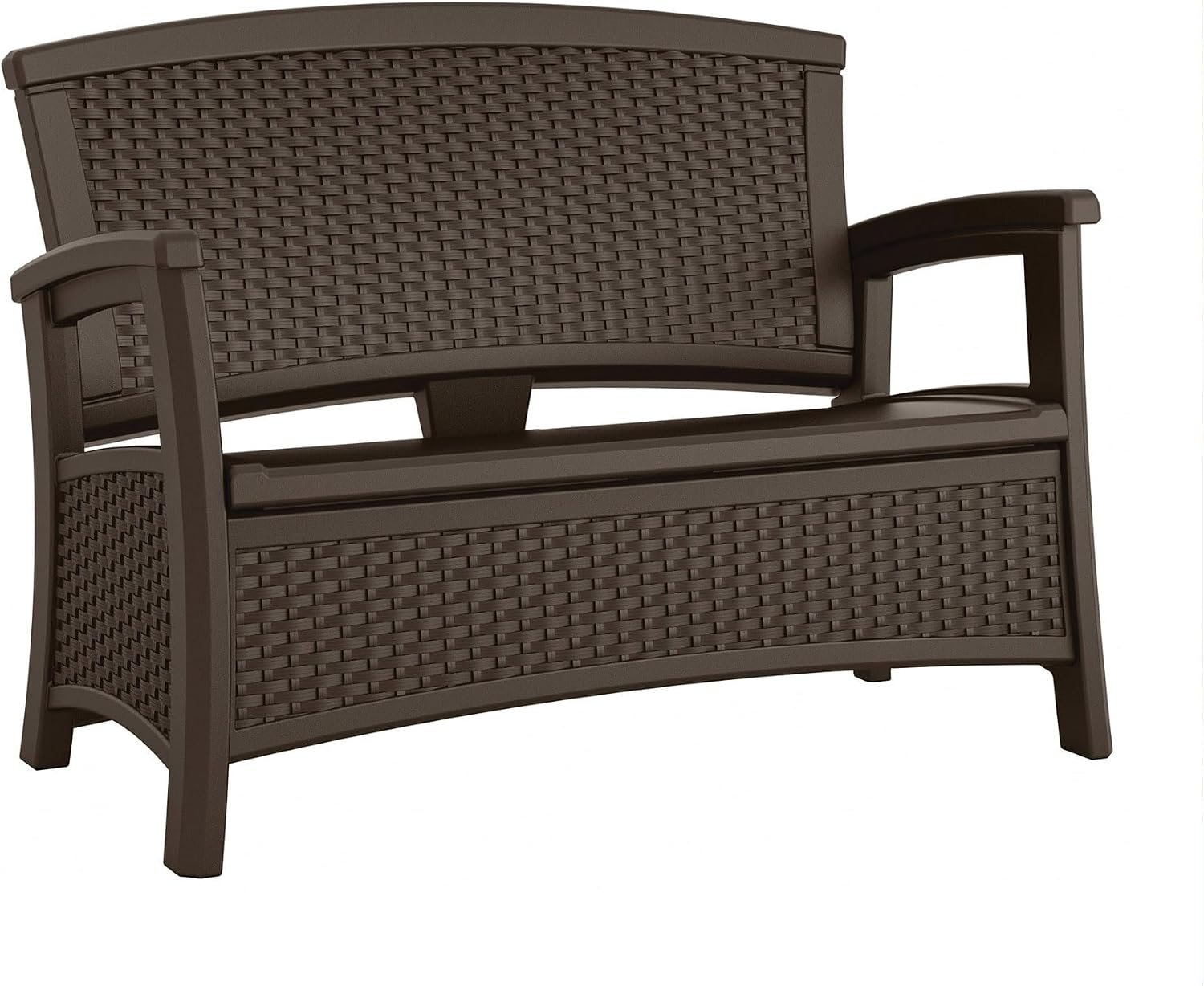 Suncast Outdoor Wicker Love Seat with 23-Gallon Storage, Comfortable Seating for Two, Ergonomic Back Support, All-Weather Furniture for Patio, Deck, and Garden, Java, Made in the USA