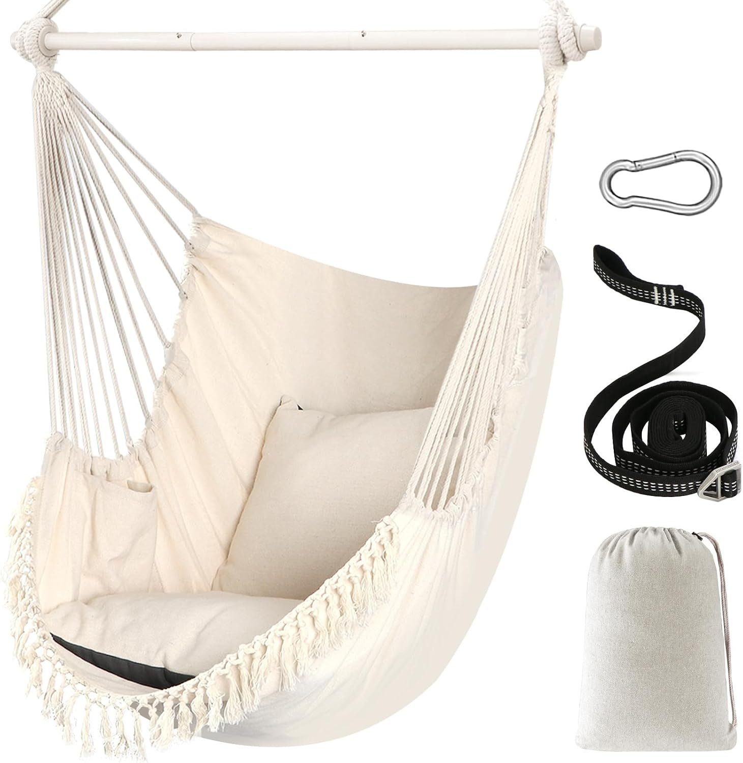 Chihee Hammock Chair Max 500 Lbs 2 Cushions Spreader Bar Strap Carabiner | Collapsible Metal Rod with Anti-Slip Grooves Portable Hanging Swing Side Pocket Macrame Bohemian Chair Indoor Outdoor Graden