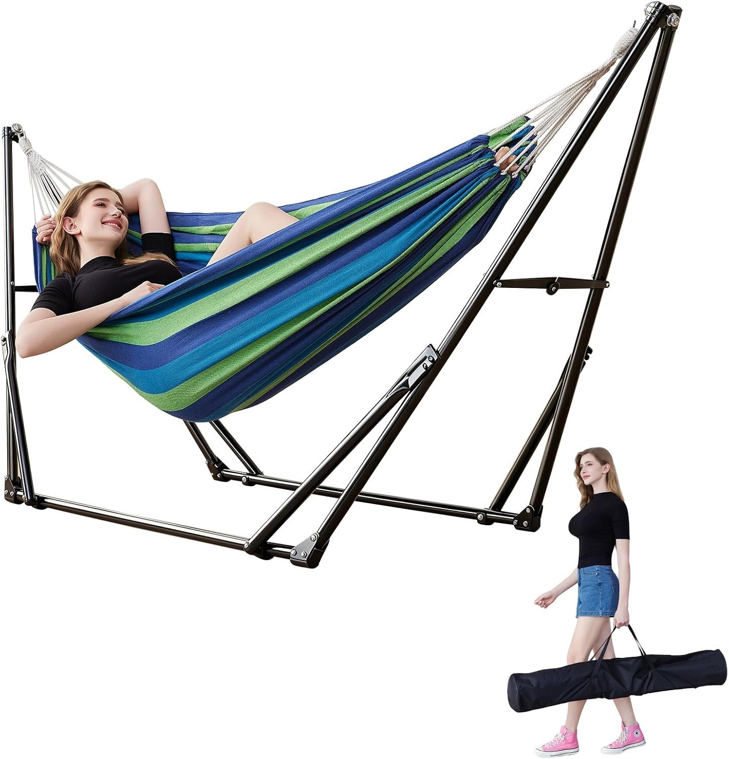 Portable Hammock with Stand for Outside or Inside,No Tree Required | 1 Minutes Tool-Free Setup | Adjustable Hammock for Indoor Outdoor Patio Yard | Carry Bag Included |450 lbs Capacity