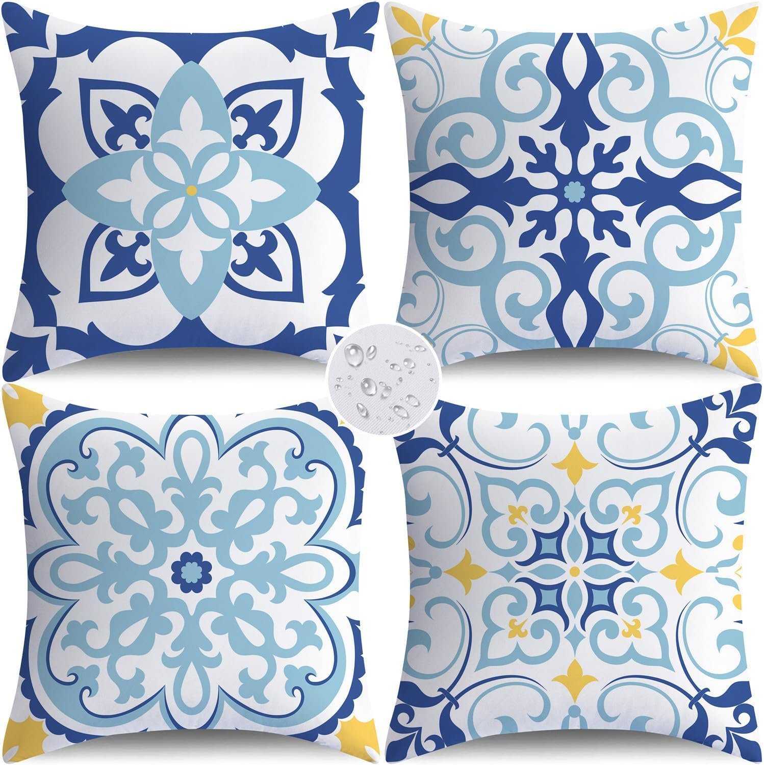 NIGHTWISH Outdoor Waterproof Pillow Covers 18×18 Set of 4 Blue Boho Decorative Outdoor Throw Pillows Floral Cushion Cases for Patio Furniture Bench Couch Sunbrella