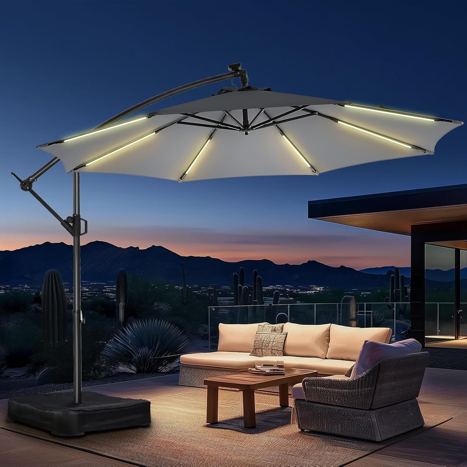 HOMSHADE 10 ft Offset Patio Umbrella with Solar Lights, LED Lighted Umbrella Outdoor Patio with Base Included, Heavy Duty Hanging Cantilever Umbrellas for Pool Deck with UV Protection&Easy Tilt, Grey