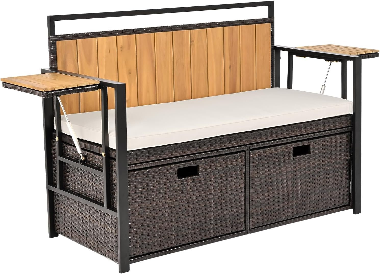 Tangkula 45 Gallon Outdoor Bench with Storage, Outdoor PE Rattan Storage Bench with with 2 Folding Side Tables & Cushion, Acacia Wood Deck Box Seat for Porch Backyard Poolside