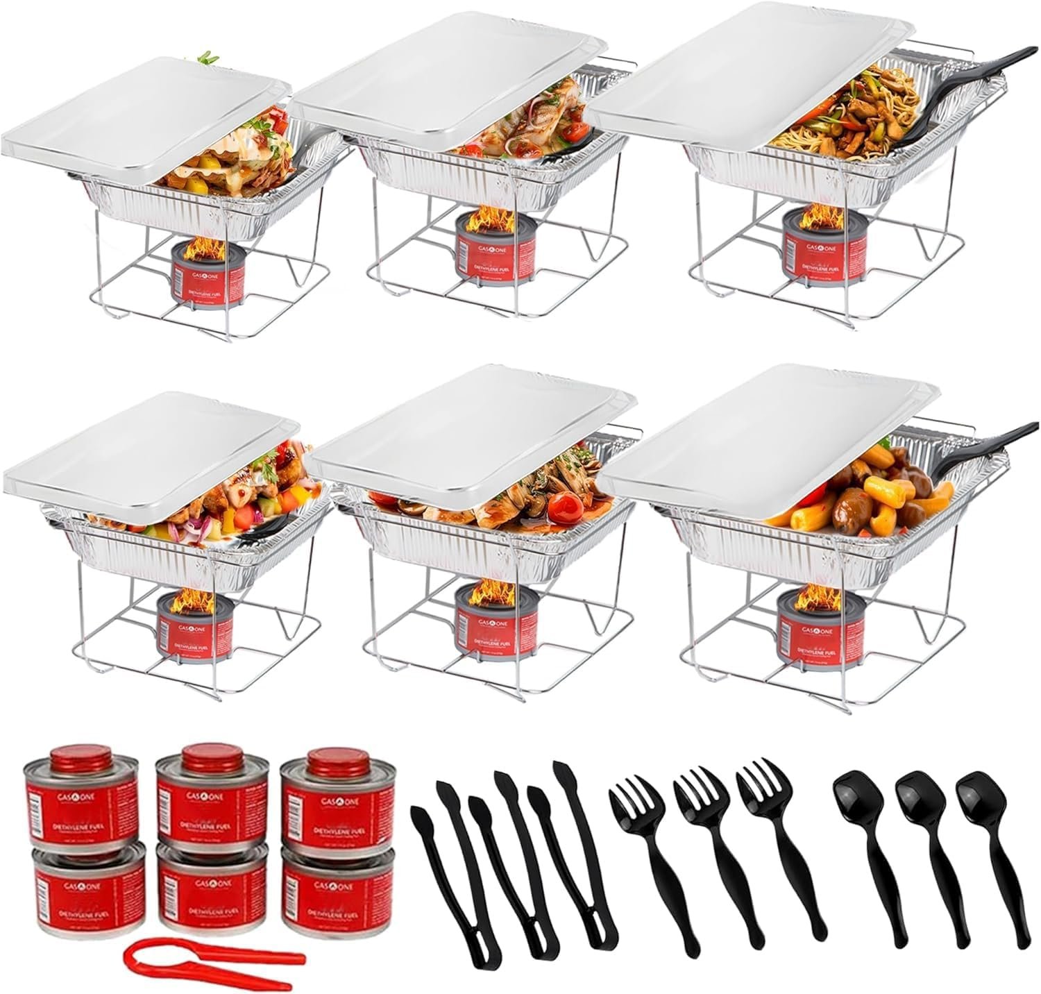 Alpha Living 6 Pack – Disposable Chafing Dish Buffet Set, Half Size Pans, Welded Body Food Warmers for Parties, Fuel Cans Complete Set, Warming Trays