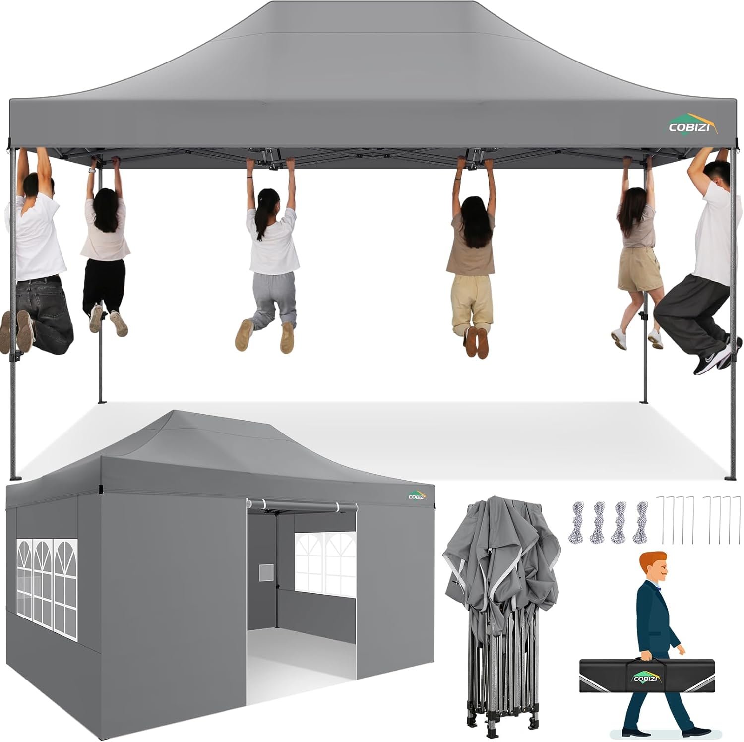 COBIZI 10×15 Heavy Duty Pop up Canopy Tent with 4 sidewalls, Commercial Outdoor Tents for Parties,Backyard Event, Wedding, All Season Waterproof Event Shelter with Carry Bag, Gray(Frame Thickened)