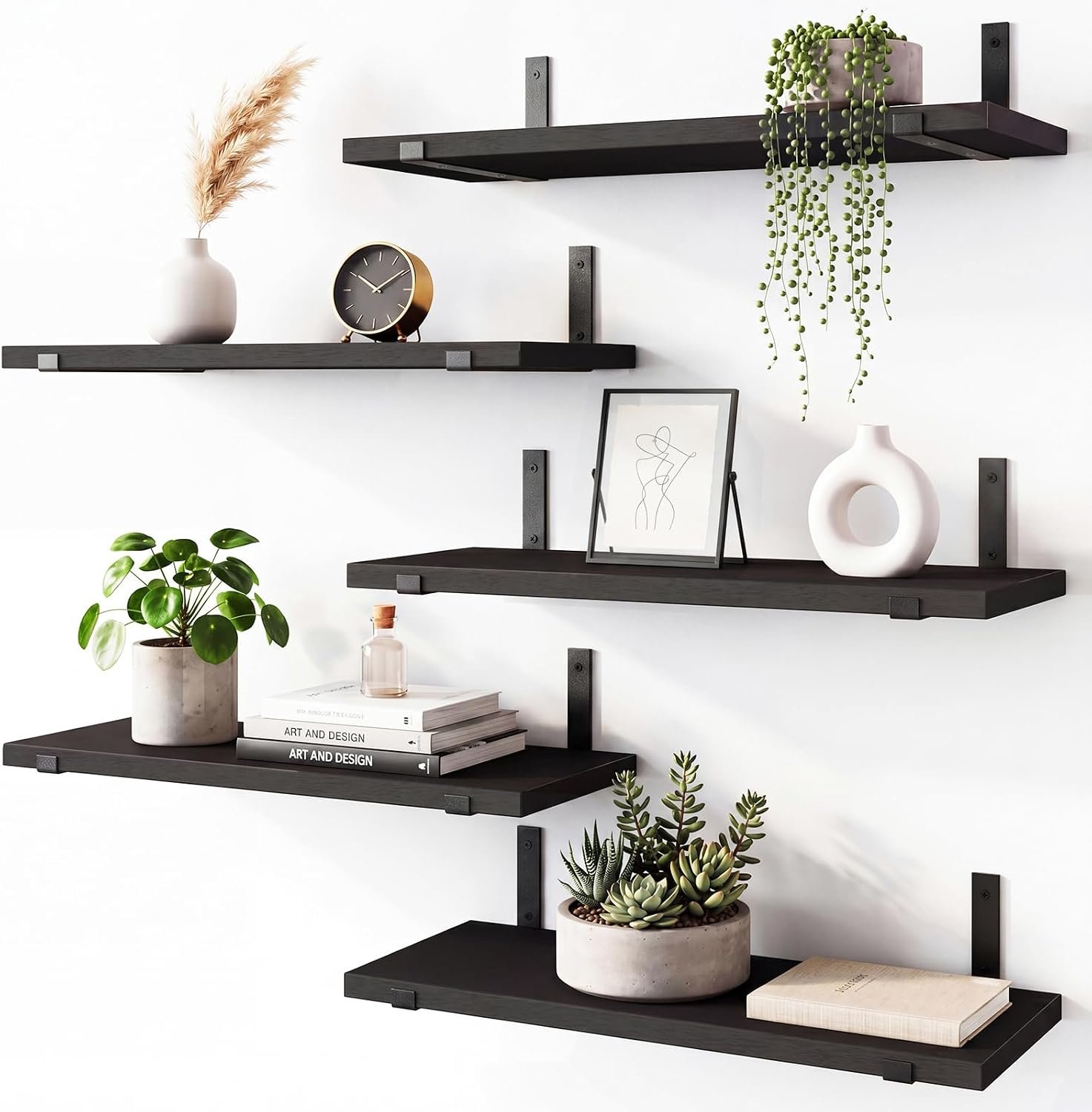 Fixwal Floating Shelves for Wall, Wood, Set of 5, Width 4.75 Inches, Black