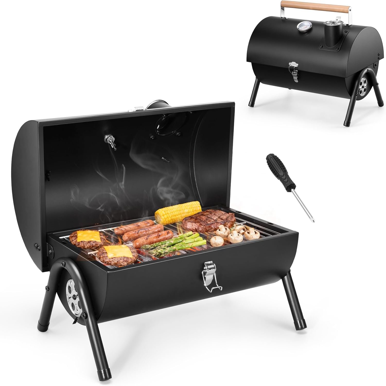 Portable Charcoal Grill with Thermometer, HaSteeL Small Tabletop Barbecue Grill Smoker for Outdoor Camping Backyard Beach BBQ, 117 Square Inches Cooking Area, Thick Steel, Screwdriver, Black