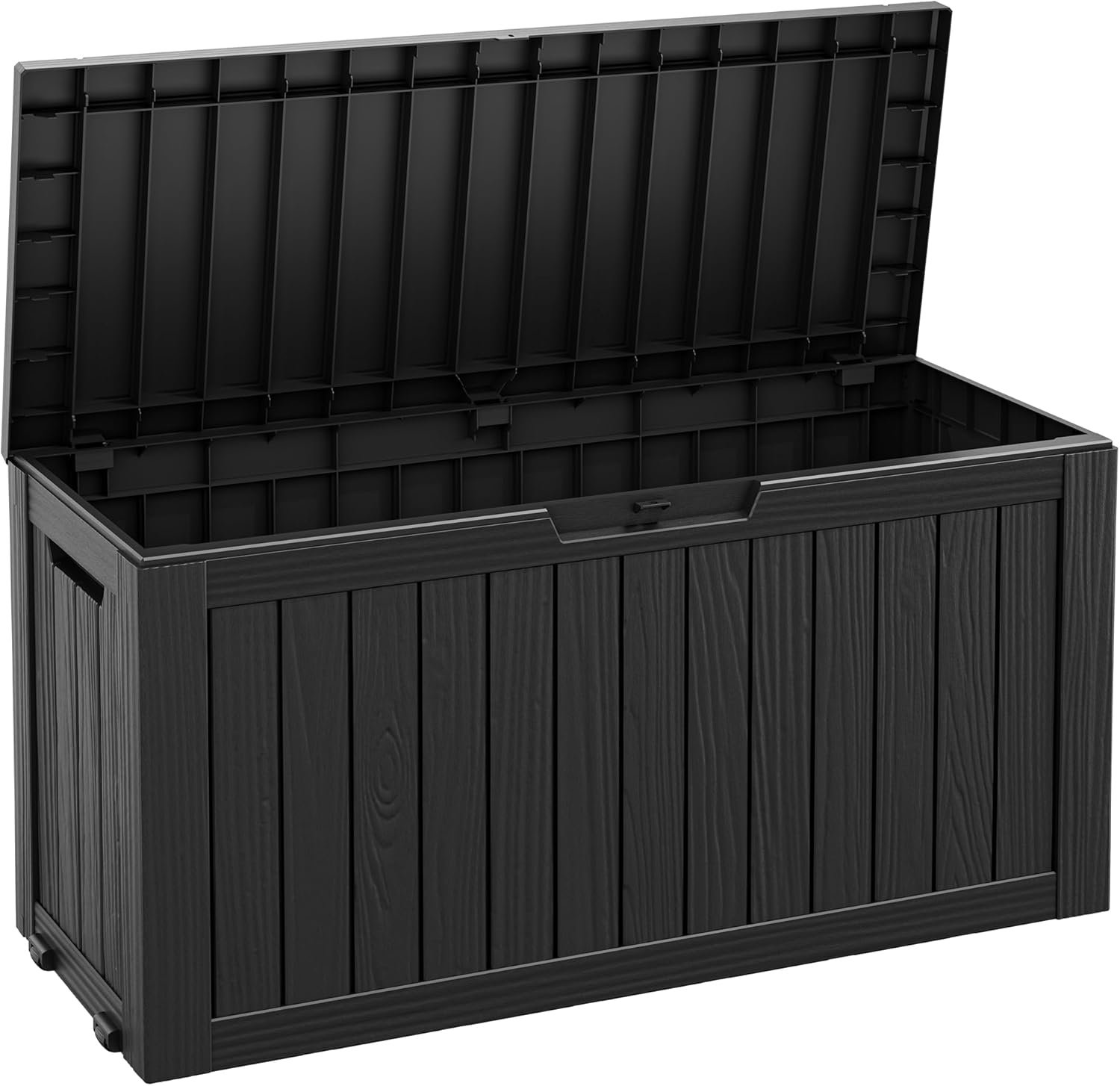 Fancyango 75 Gallon Outdoor Deck Box Waterproof, Large Storage Box for Patio, Resin Storage Bench Lockable for Garden Tools, Package Delivery, Black