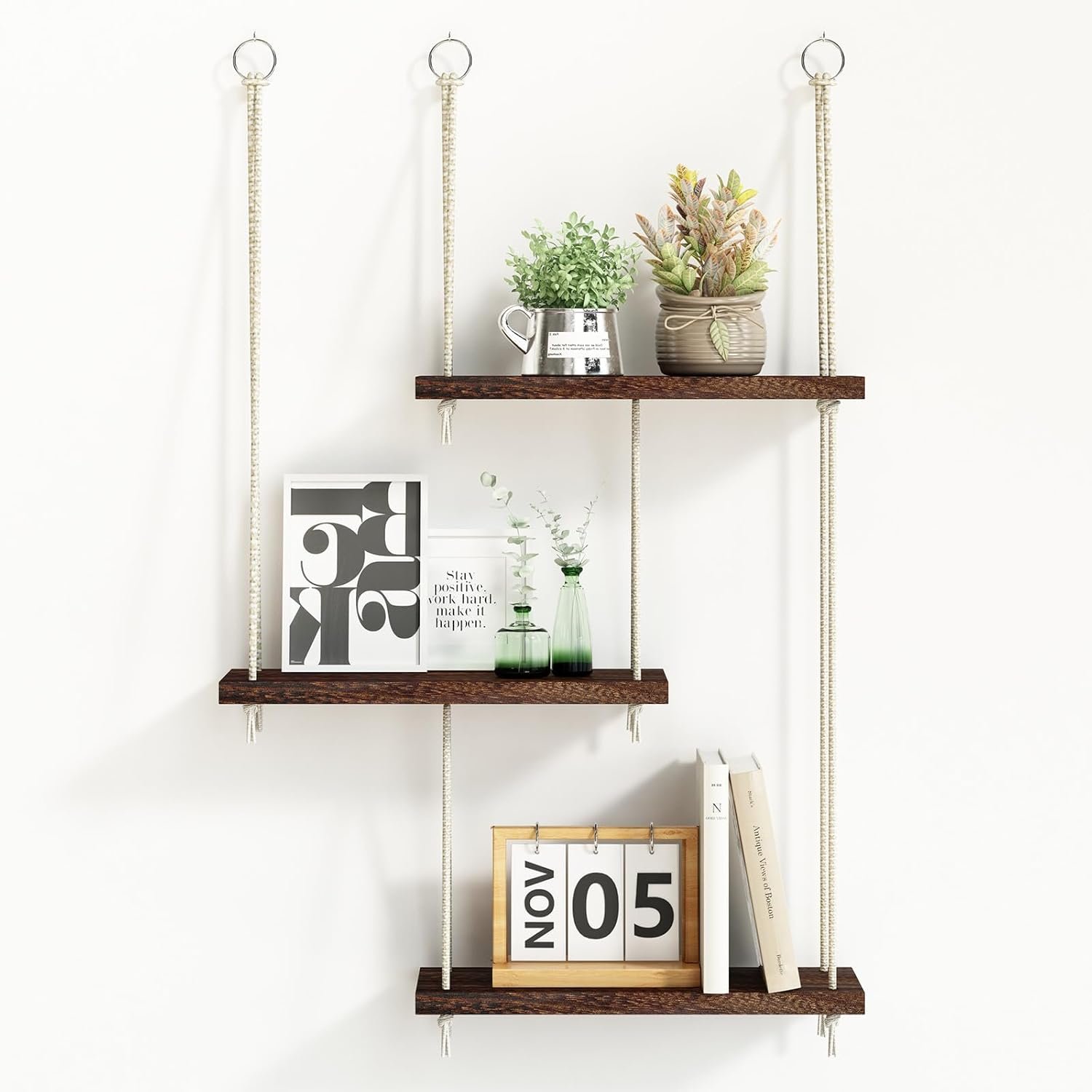 Fixwal Hanging Shelves for Wall, 3 Tier Boho Wall Decor Hanging Plant Shelf Floating Shelves Rope Rustic Wood Organizer Storage Hanger Rack for Aesthetic Home Bedroom Kitchen Bathroom – Dark Brown