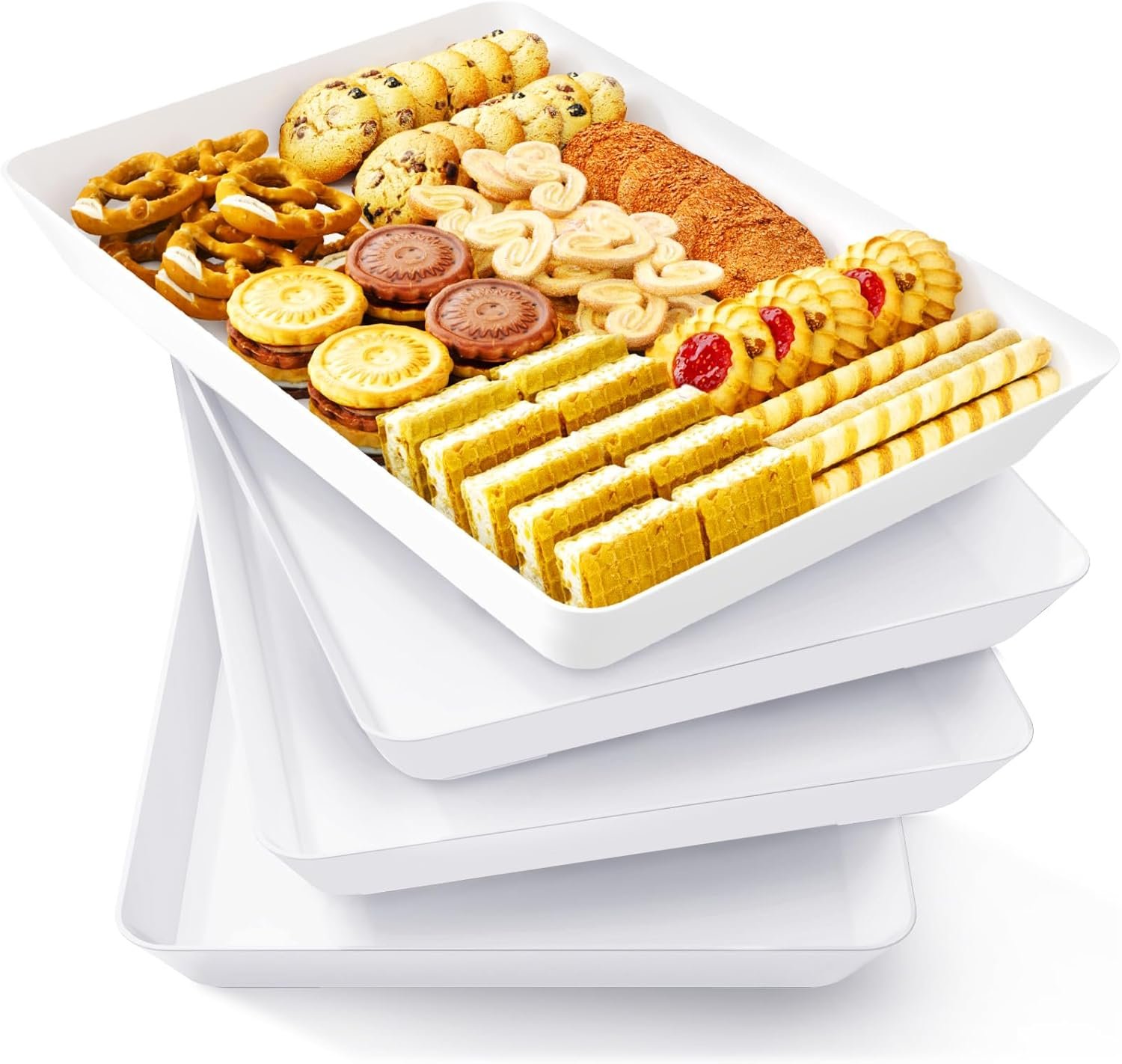 Lifewit 4 Pcs Serving Tray for Party Supplies, Reusable Plastic Food Serving Platter for Dessert, Snacks, Fruit, Cookies, Appetizers & Charcuterie, BPA-Free White Catering Trays for Buffets Display