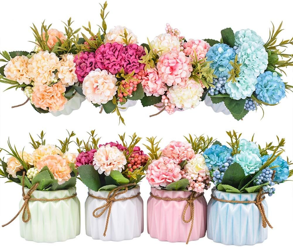Artificial Flower Plants – Mini Fake Hydrangea Flowers in Pot for Home Decor Party Wedding Office Patio Table Desk Decoration, Set of 4, Size: 3.3”(Diameter) x 5.5”(Tall)