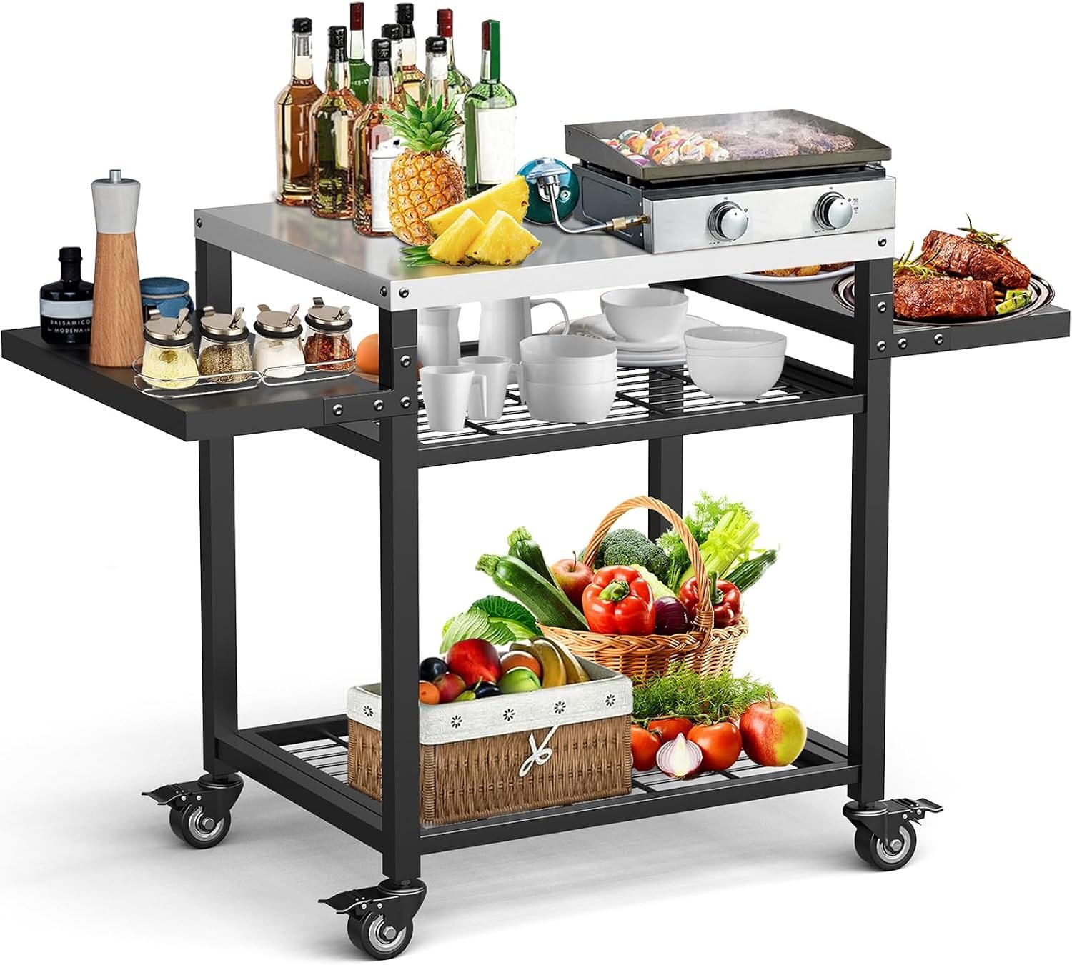 Three-Shelf Grill Cart, Outdoor Grill Table with Lockable Wheels | Waterproof, Sturdy, Griddle Stand Fit 17 & 22 inch and Ninja, Camping Kitchen Station, Easy Assembly