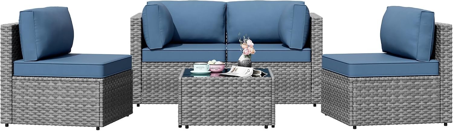 Patio Furniture Sets, 5 Piece Outdoor Sectional Sofas, Wicker Rattan Outdoor Furniture Patio Conversation Set, All-Weather PE Rattan Outdoor Couch for Backyard, Garden, Gray & Aegean Blue
