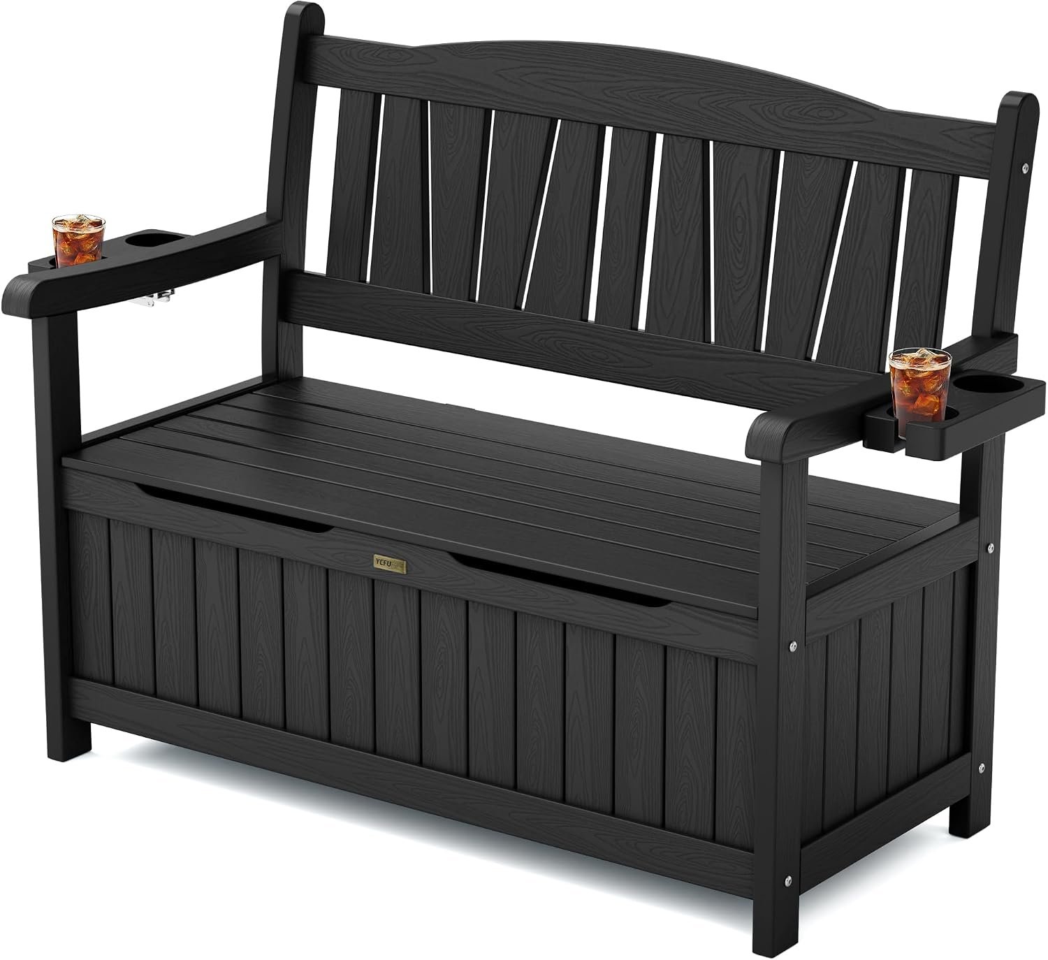 YEFU Outdoor Storage Bench for Patio: Heavy Duty Garden Bench with 96° High Backrest & Oversized Seating – HIPS Weatherproof Patio Bench with Storage for Porch Park Backyard, Black