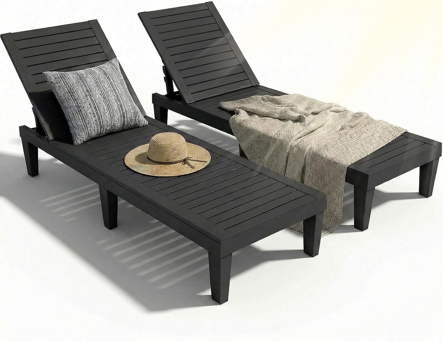 EFU Lounge Chair Outdoor, Set of 2 High-Impact PP Tanning Chairs, Black | All-Weather UV-Resistant & Waterproof Patio, Heavy Duty Pool Lounge Chairs Great for Pool & Yard, 5 Position Adjustable