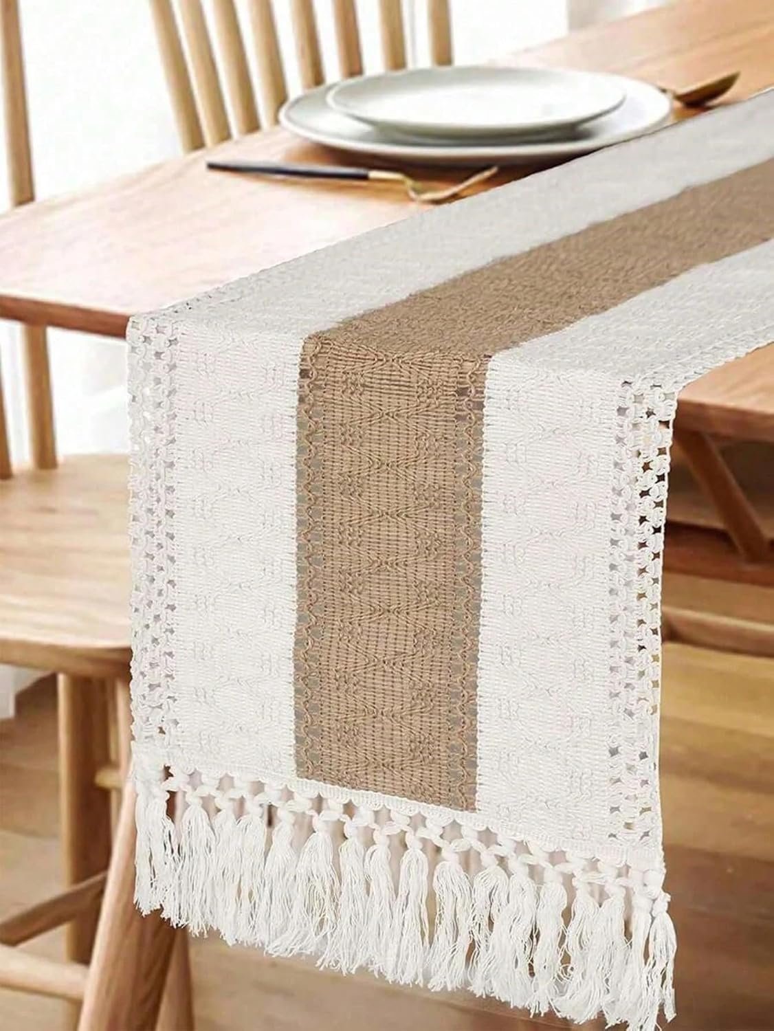 1pc Bohemian Style 11.8*71 Inches Linen Table Runner Splicing Tablecloth with Tassel Dining Bedroom Decor Table Runners Wedding Table Decorations