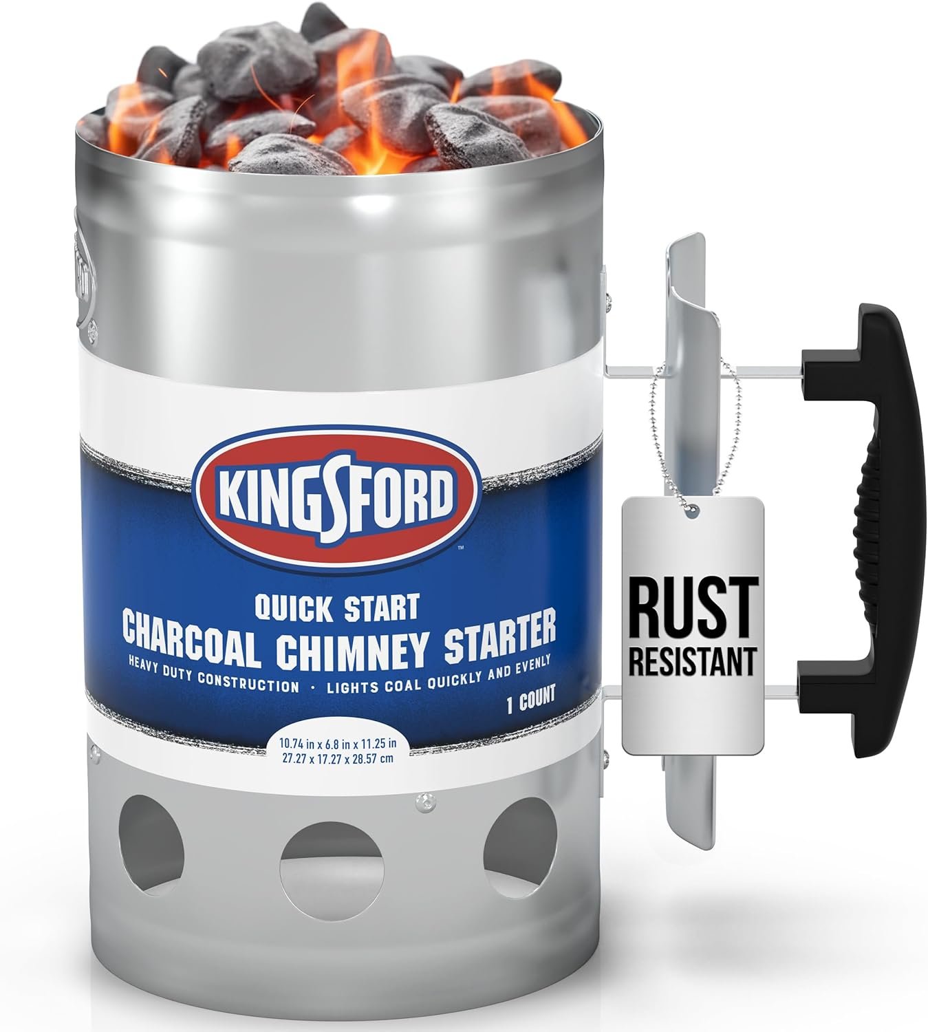 Kingsford Heavy Duty Deluxe Charcoal Chimney Starter Large Capacity Zinc Steel BBQ Fire Starter with Heat Shield and Stay-Cool Handle Vented Base Air Vents for Fast Even Lighting Single Unit