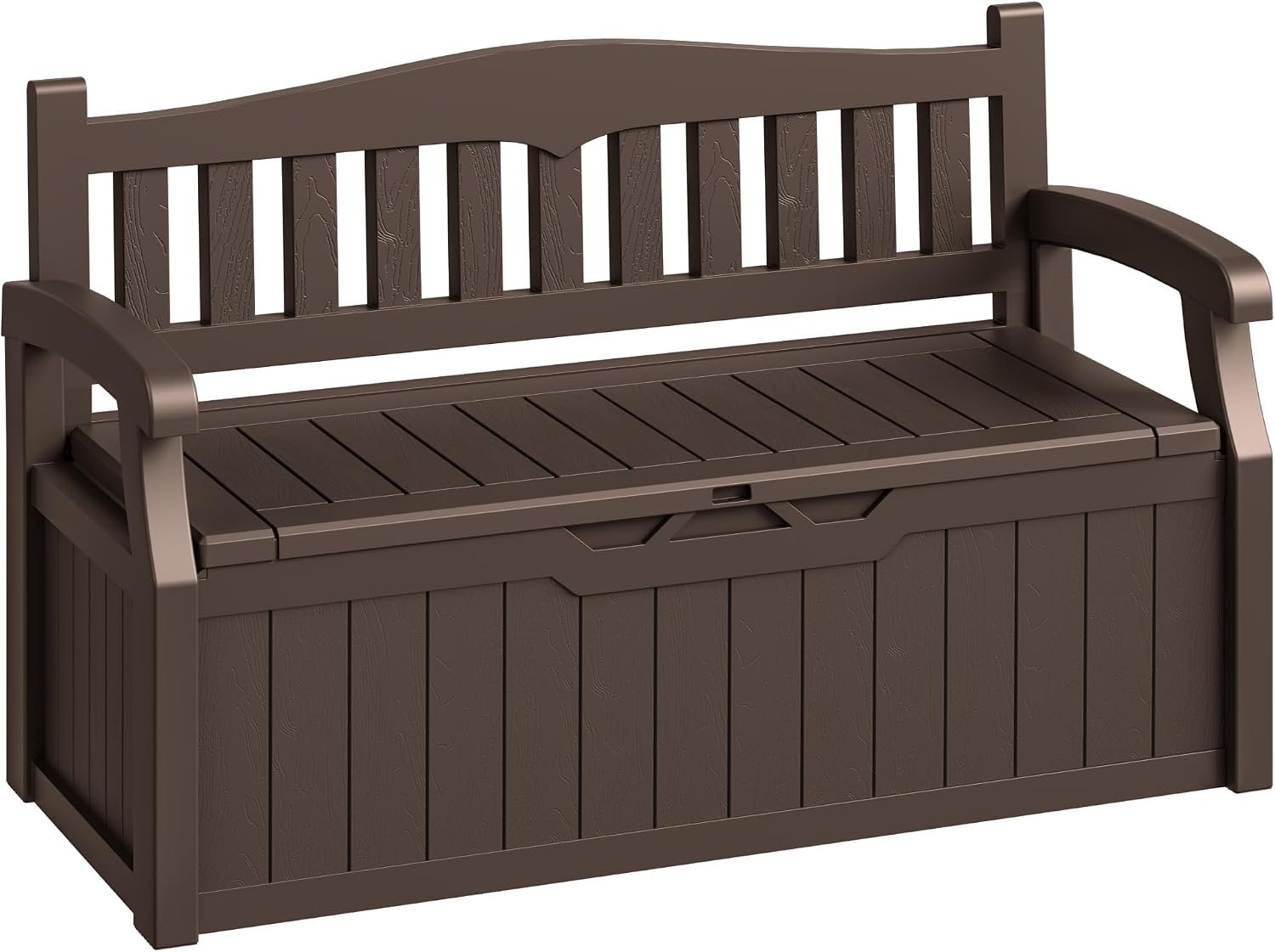 80-Gallon Outdoor Storage Bench, Waterproof Deck Box, Brown | with Lockable Lid & Armrests for Patio, Garden, Pool