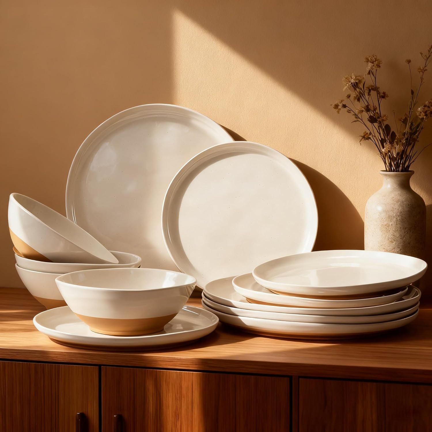 Melamine Dinnerware Sets of 12 Pcs, Kitchen Plates and Bowls Set for 4, Unbreakable Dishware Sets for Patio, RV and Camping, Dishwasher Safe (Ivory)
