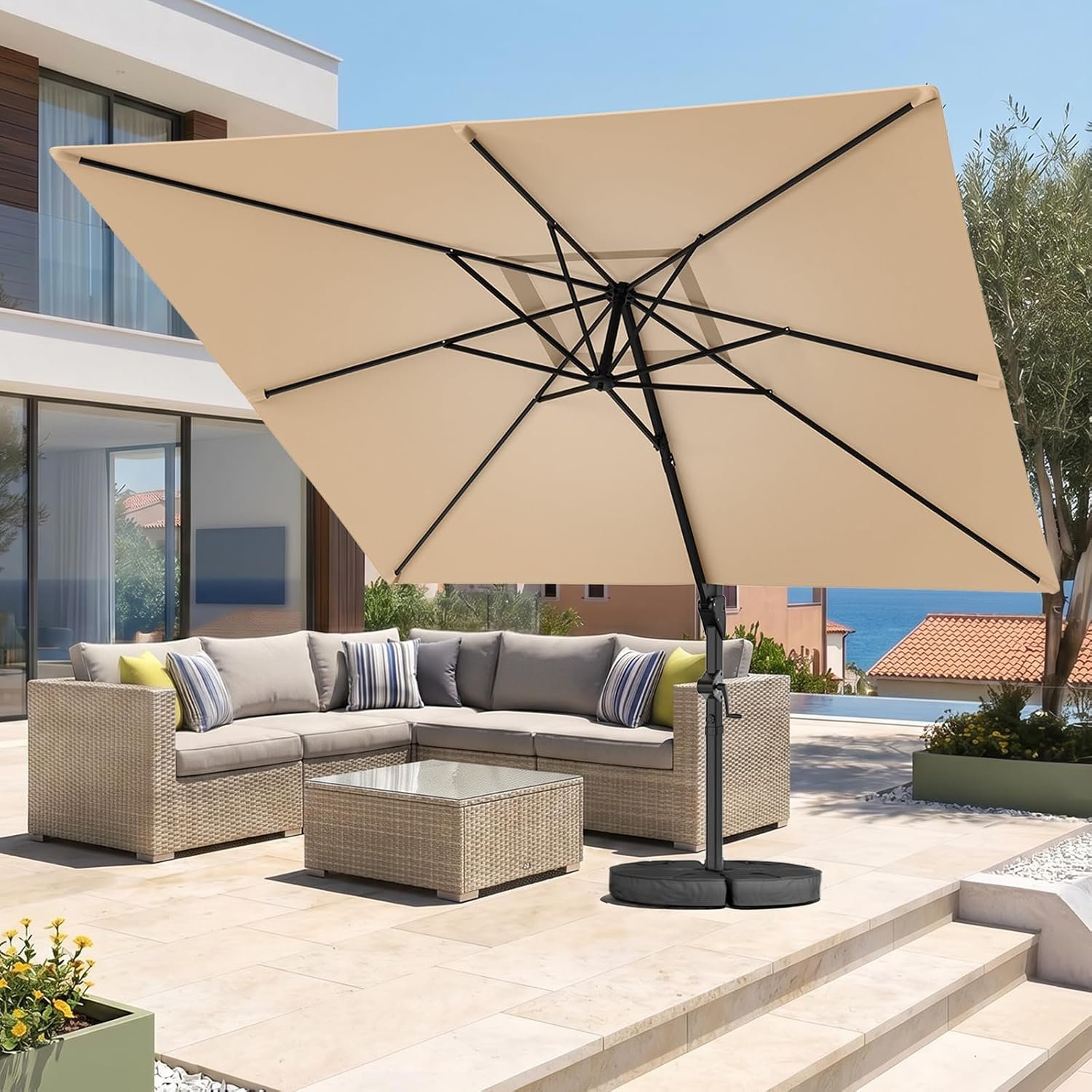 10×10 FT Cantilever Patio Umbrella with Base Included, Beige | Large Square Offset Outdoor Umbrella, 360° Rotation Heavy Duty Aluminum Pool Deck Umbrellas, 6 Tilts, 3-Year Fade Resistant