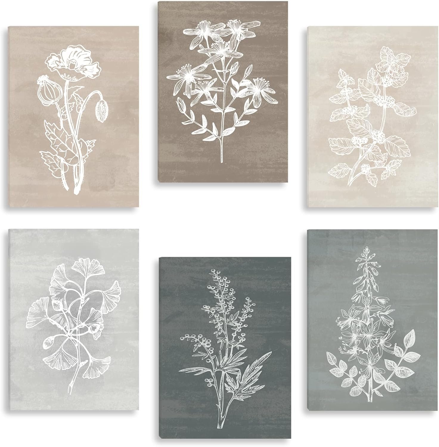 BINCUE Neutral Botanical Plant Canvas 6 Pieces Rustic Farmhouse Wall Art for Living Room Bedroom and Bathroom,Canvas Paintings Print Set Decor 12″x 16″