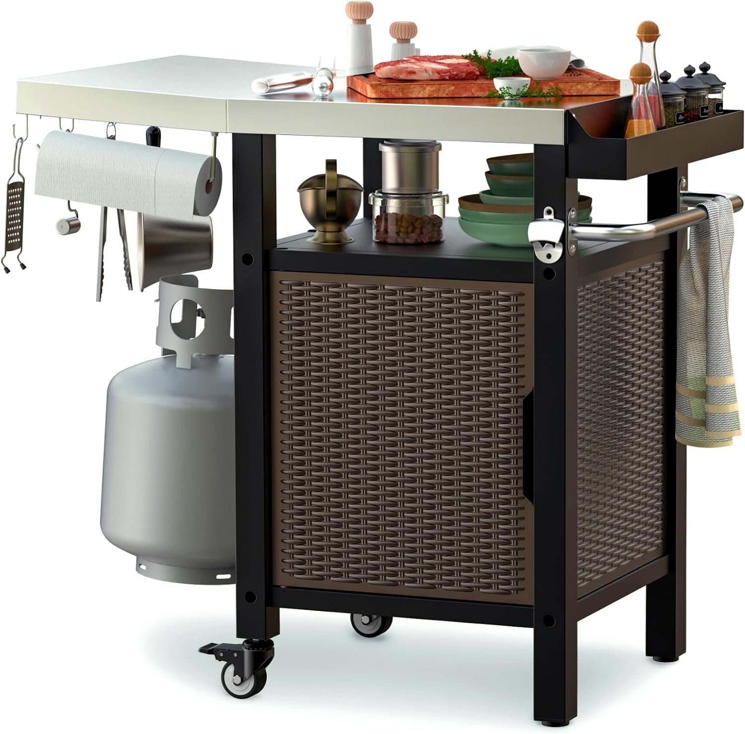 onlyfire 35″ Kitchen Island w/XL Stainless Steel Top Board & Rattan Cabinet | Heavy-Duty BBQ Serving Cart for Indoor/Outdoor, Single Door Storage Worktable with Side Shelf & Rolling Wheels