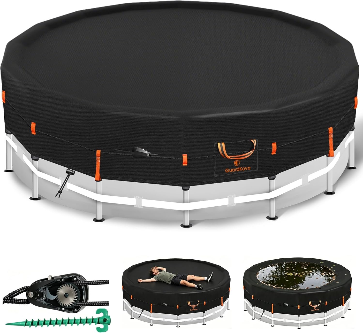 18Ft Round Pool Cover [2026 Upgraded 4-Way Windproof System] | 500D One-Piece Tear-Resistant Solar Pool Covers for Above Ground Frame Pools with Ratchet, Straps, Drawstring & Ground Nails