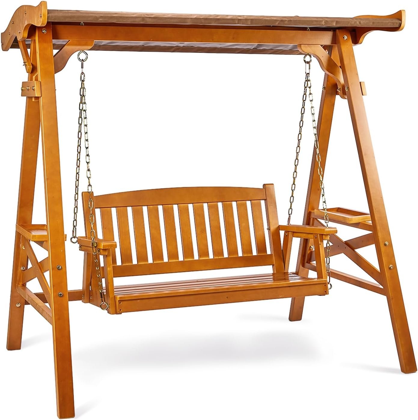 VINGLI Porch Swing with Stand and Canopy, Waterproof Patio Swing, Brown | Waterproof Canopy; Sturdy Swing Stand; Built-in Cup Holders; Comfortable Outdoor Seating for Garden, Yard, Patio & Deck