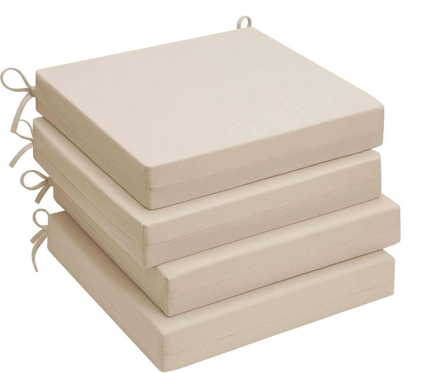 UNIKOME Outdoor Chair Cushions Pack of 4, Water Resistant Patio Cushions with Ties, High Density Sponge Filling Square Corner Seat Cushions for Outdoor Furniture, 18.5″*16″*3″, Beige