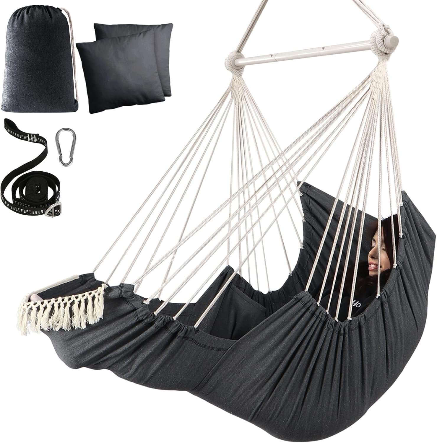 Chihee Hammock Chair Foot Rest 2 Cushions Max 500lbs Metal Spreader Bar | Robust Hanging Chair Soft Cotton Blended Swing Collapsible Easy Storage Strong Strap Iron Carabiner Pocket Indoor Outdoor