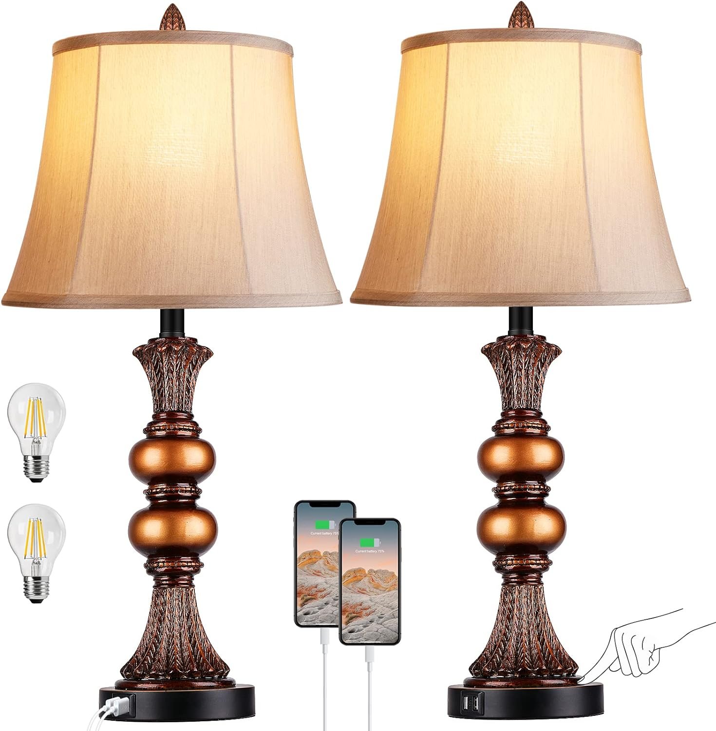 Set of 2 Touch Control Traditional Table Lamp, 27″H Bedside Lamps with 2 USB Charging Ports, 3-Way Dimmable Bronze Finish Large Nightstand Lamps with Bell Faux Silk Shade for Living Room, Bedroom
