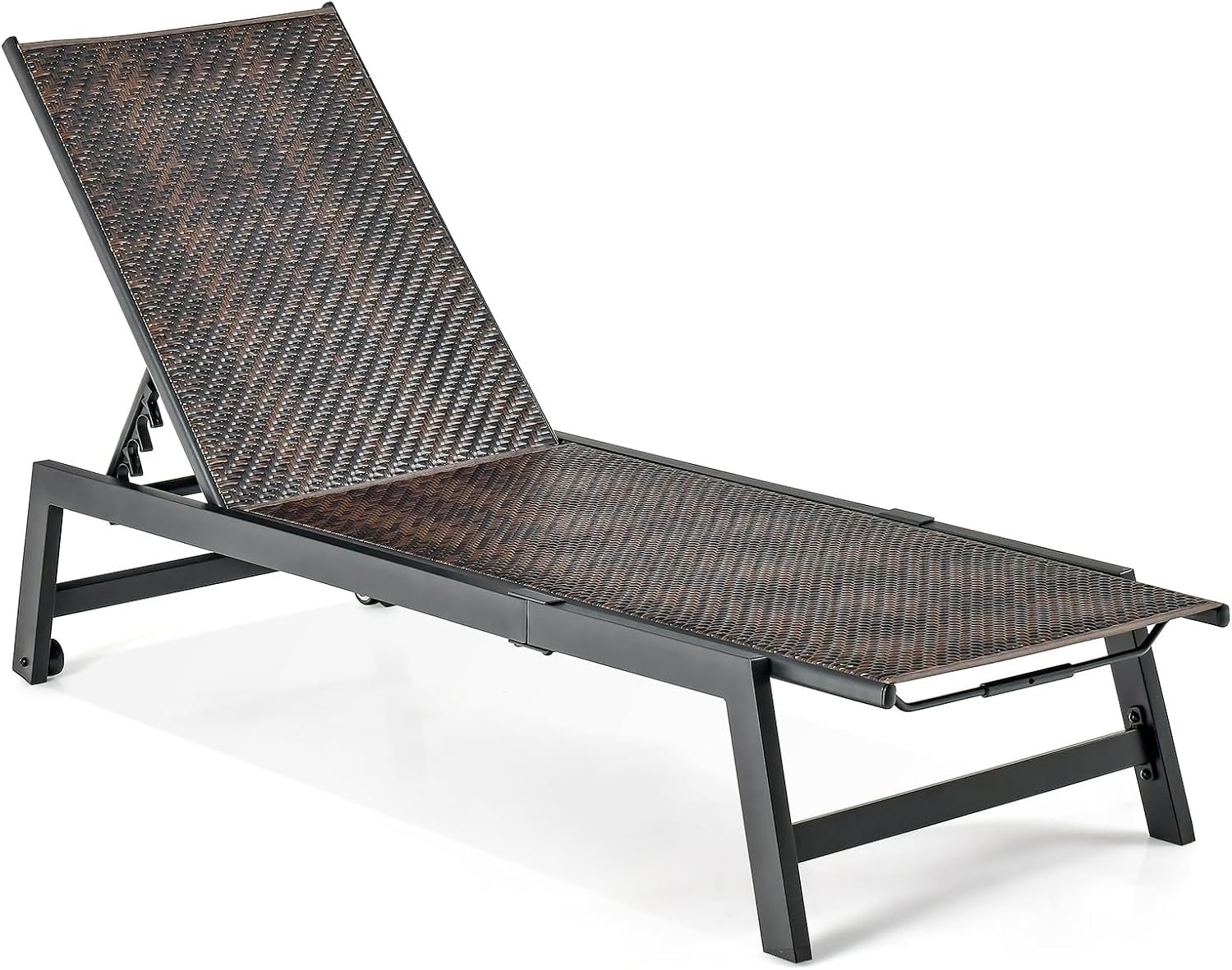 Giantex Patio Chaise Lounge Chair – Outdoor PE Rattan Recliner Chair with Wheels, 5-Position Adjustable Backrest, Steel Frame, Wicker Tanning Chair for Deck, Poolside, Yard, Beach Sunbathing Chair(1)